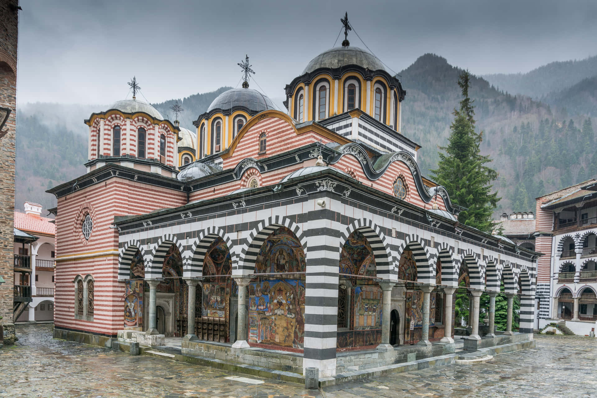 Majestic Rila Monastery Under A Serene Sky
