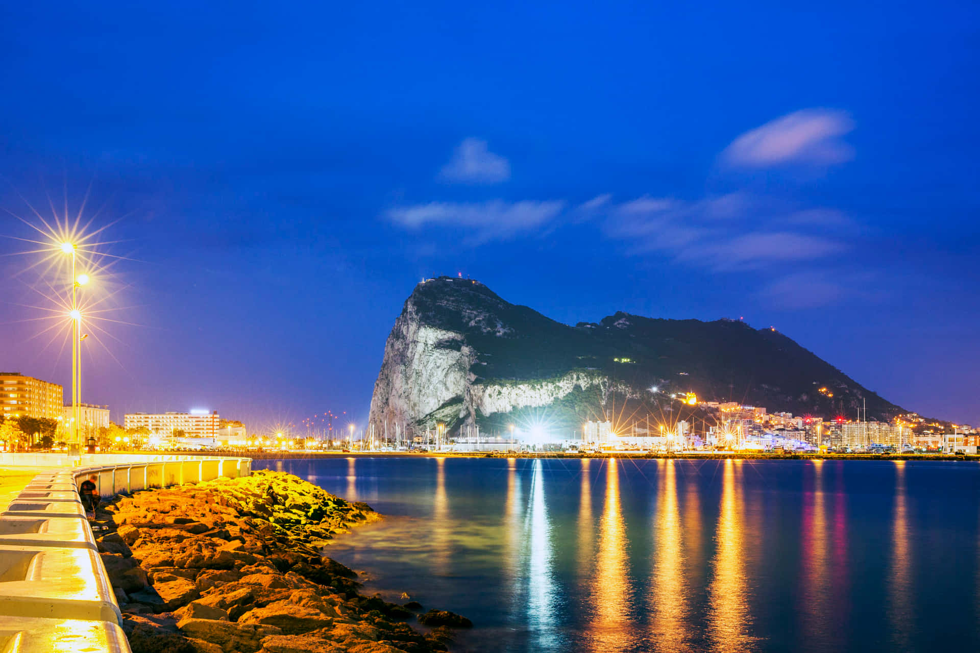 Majestic Rock Of Gibraltar Illuminated At Night