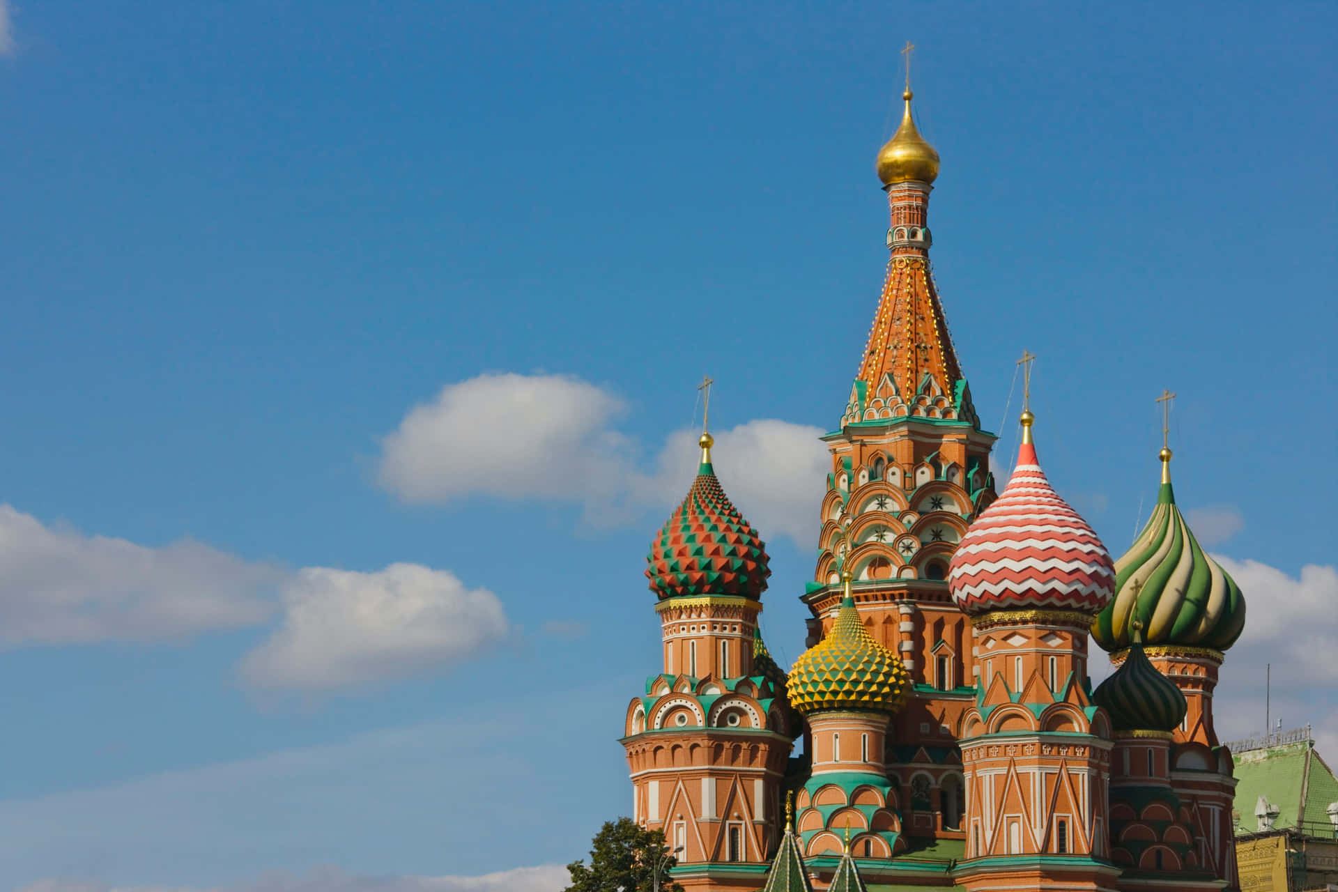 Majestic Saint Basil's Cathedral Under Clear Blue Sky Background