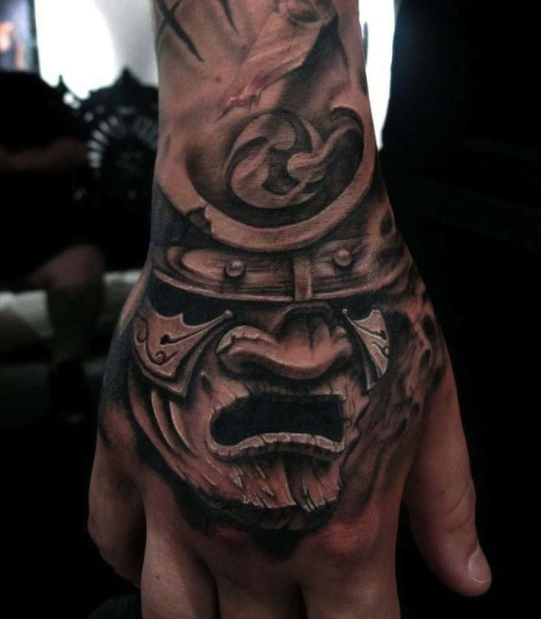 Majestic Samurai Mask Hand Tattoo Background