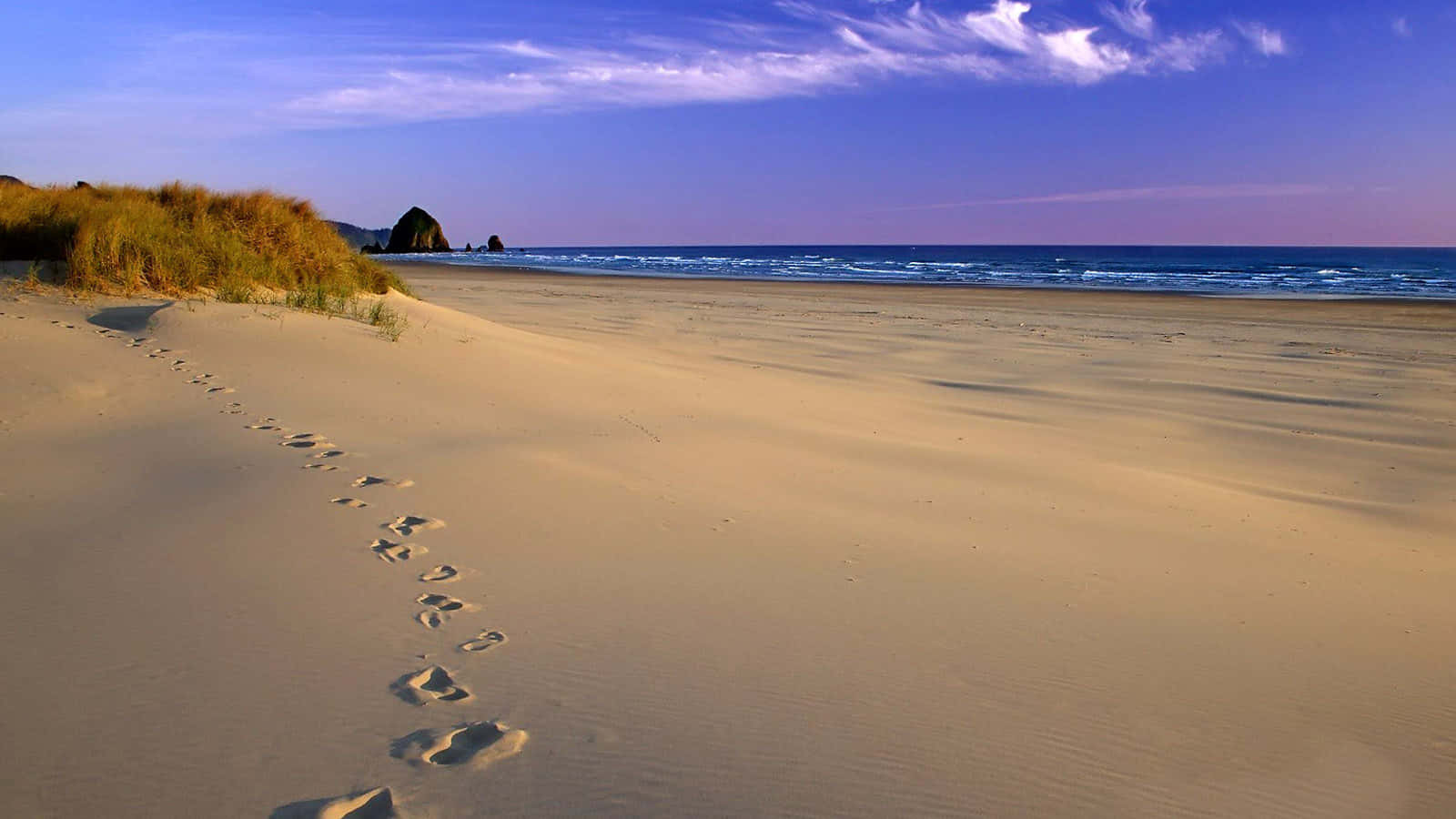 Majestic Sandy Beach Under A Vibrant Sunset Background