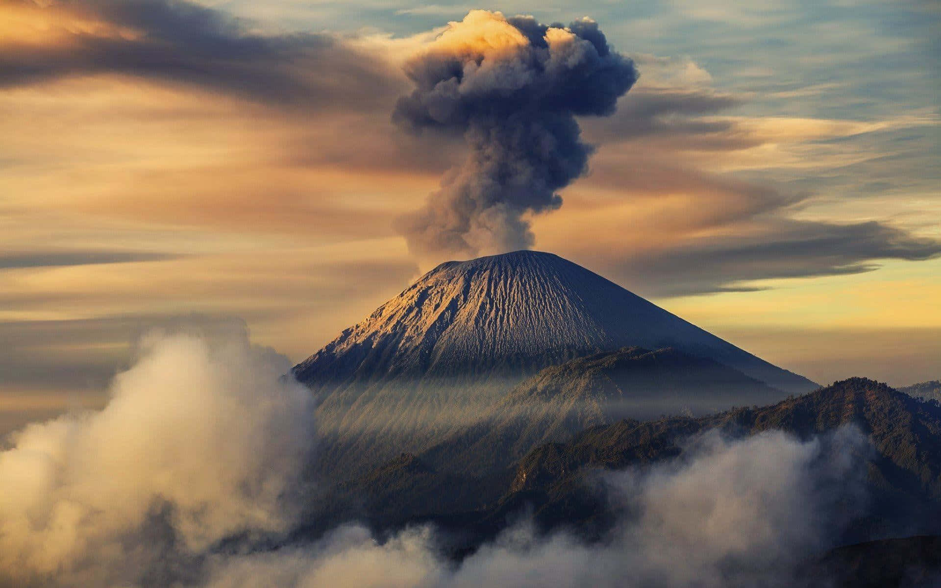 Majestic Semeru Volcano Erupting In Indonesia Background