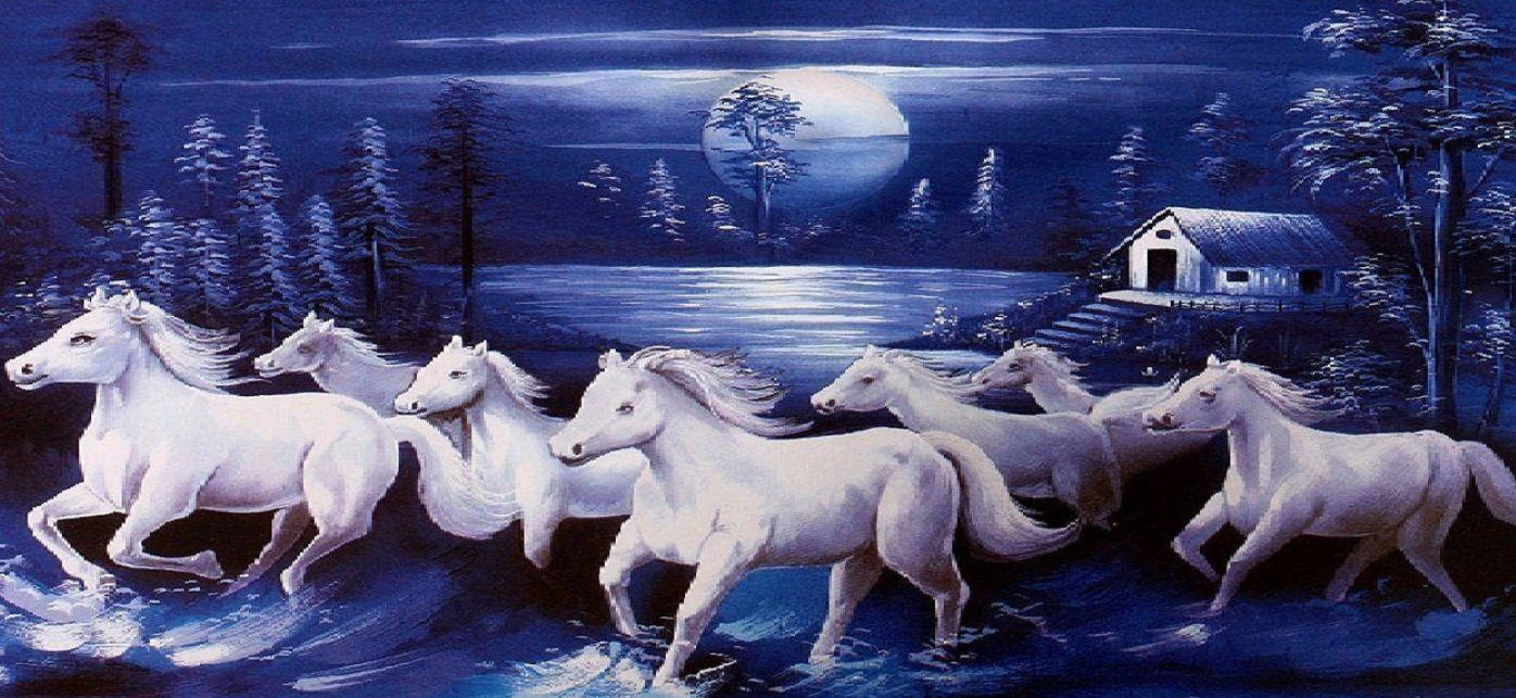 Majestic Seven White Horses Galloping Background