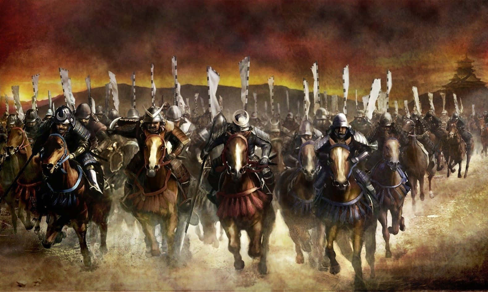 Majestic Shogun Mounted On Horse In Battle Background