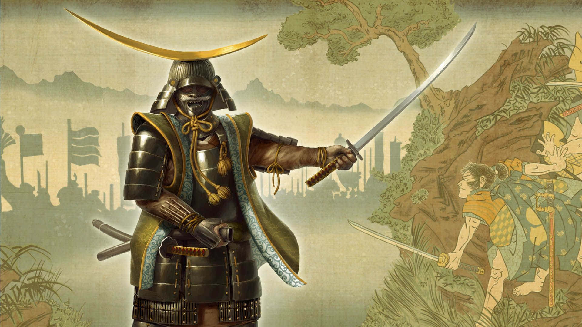 Majestic Shogun Warrior In An Intense Battle Background