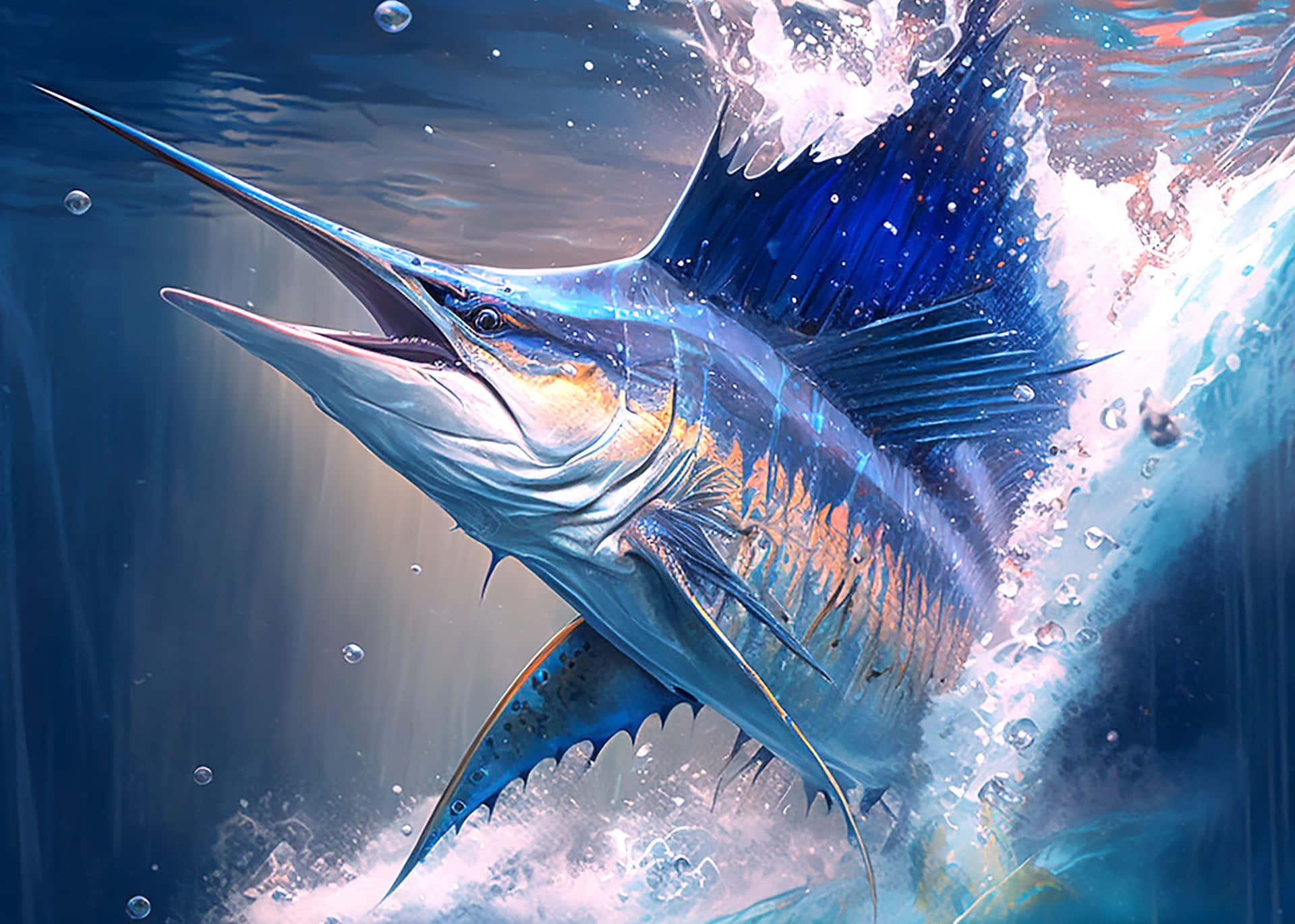 Majestic Swordfish Emerging From Water.jpg Background