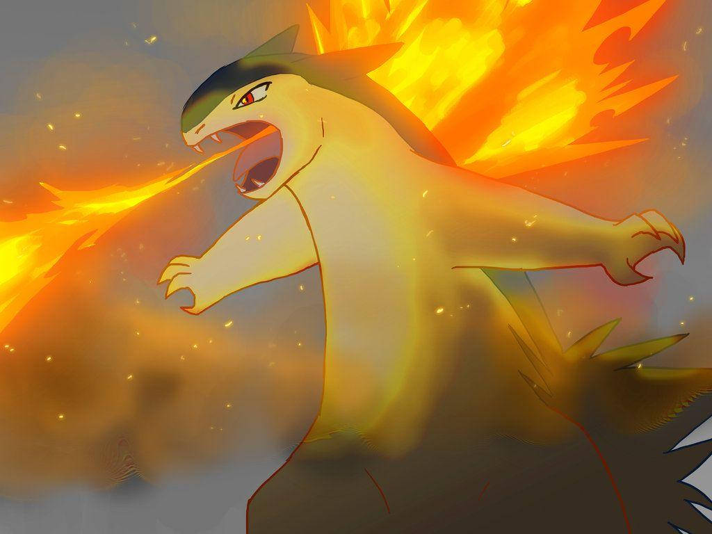 Majestic Typhlosion Unleashing Its Power In A Battle Background