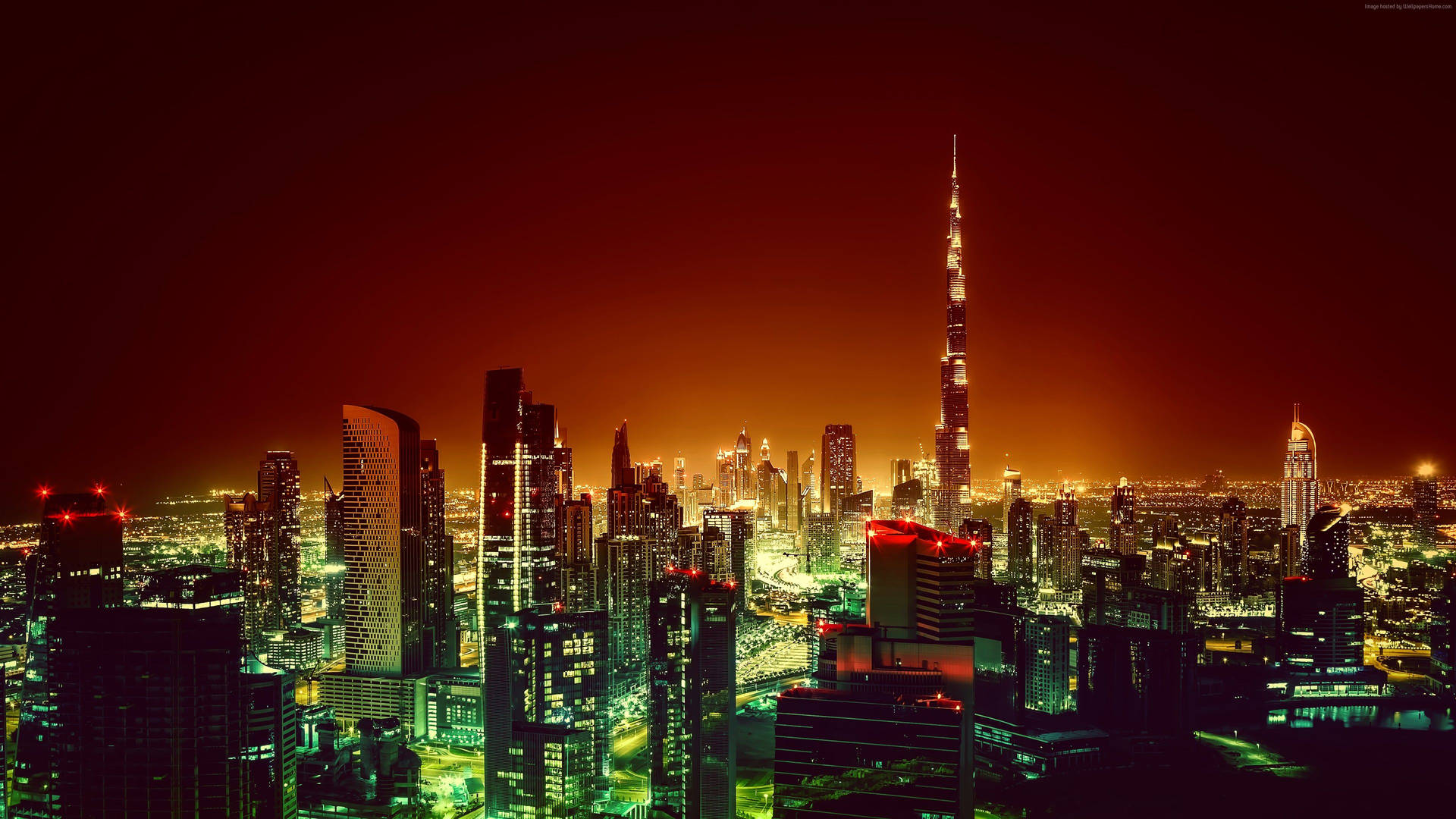 Majestic View Of Dubai Glowing In Red At Night