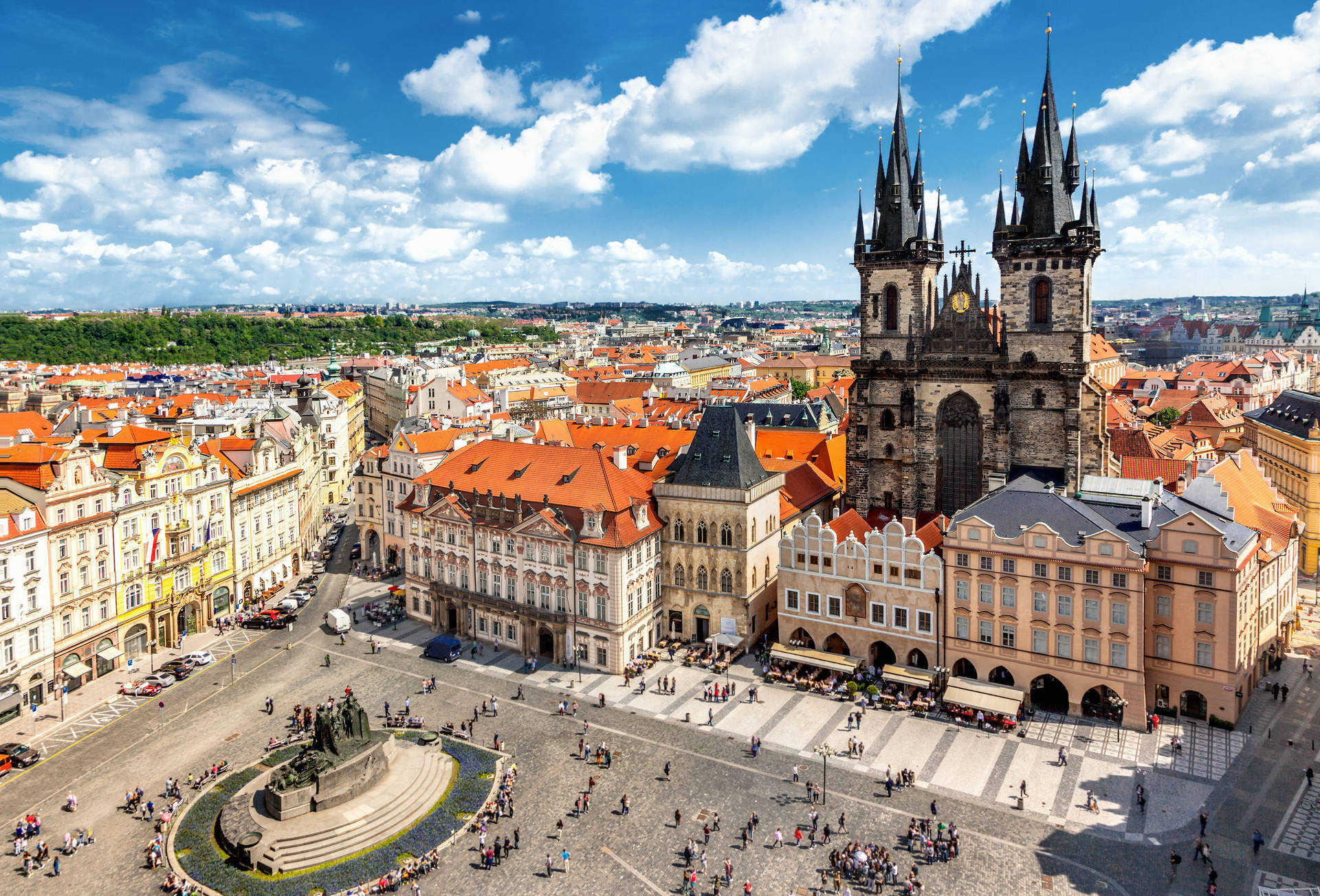 Majestic View Of Jan Hus Statue In Prague Background