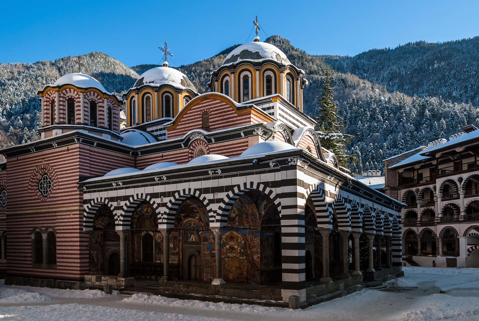 Majestic View Of Rila Monastery Amidst The Bulgarian Mountains