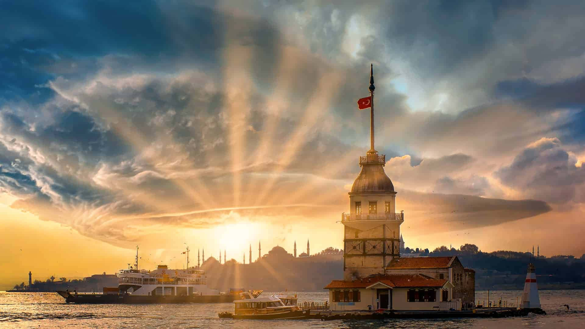 Majestic View Of The Historic Maiden Tower At Sunset Background