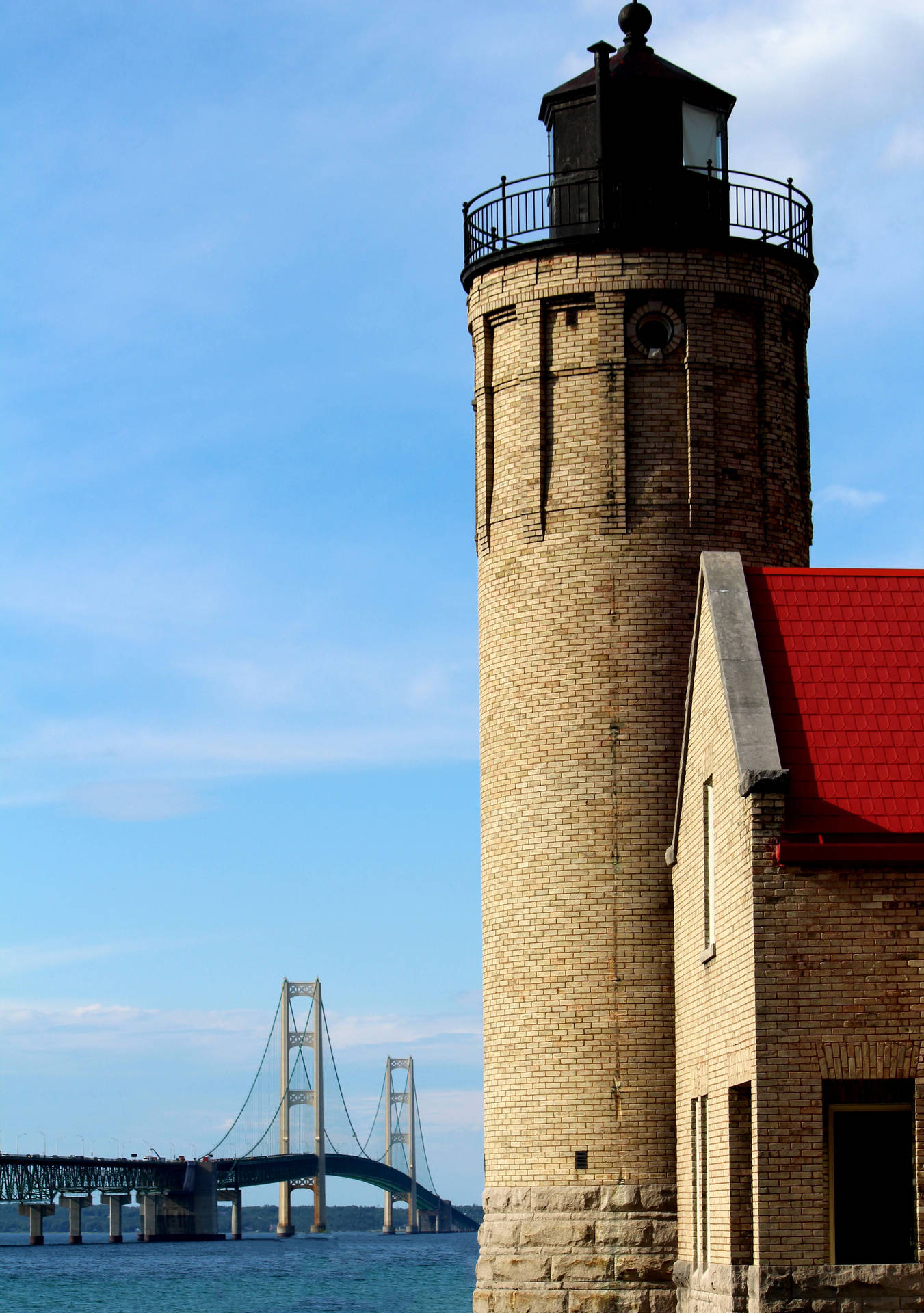 Majestic View Of The Mackinac Bridge With Lighthouse At Dusk Background