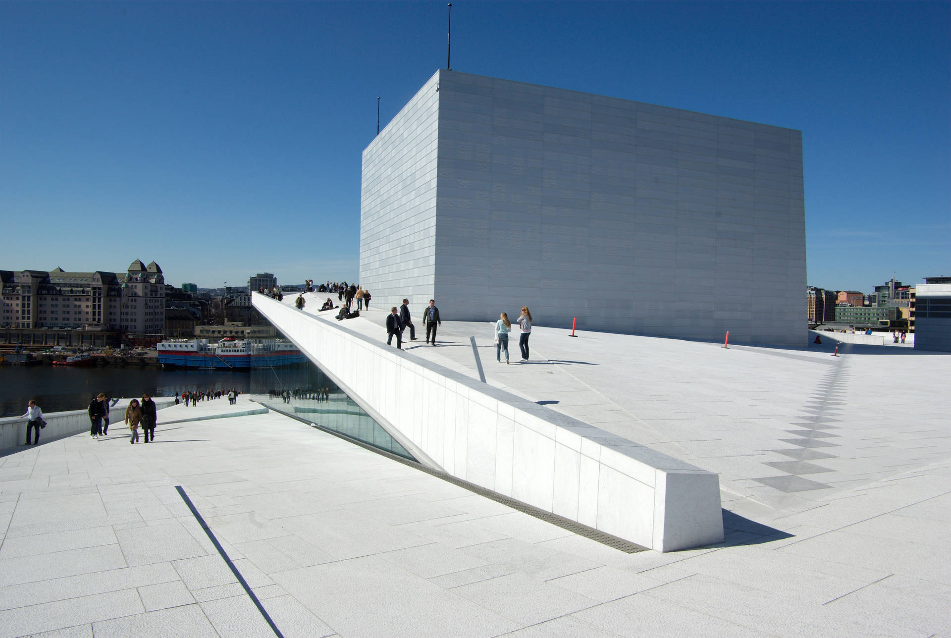 Majestic View Of The Oslo Opera House Against A Clear Sky. Background