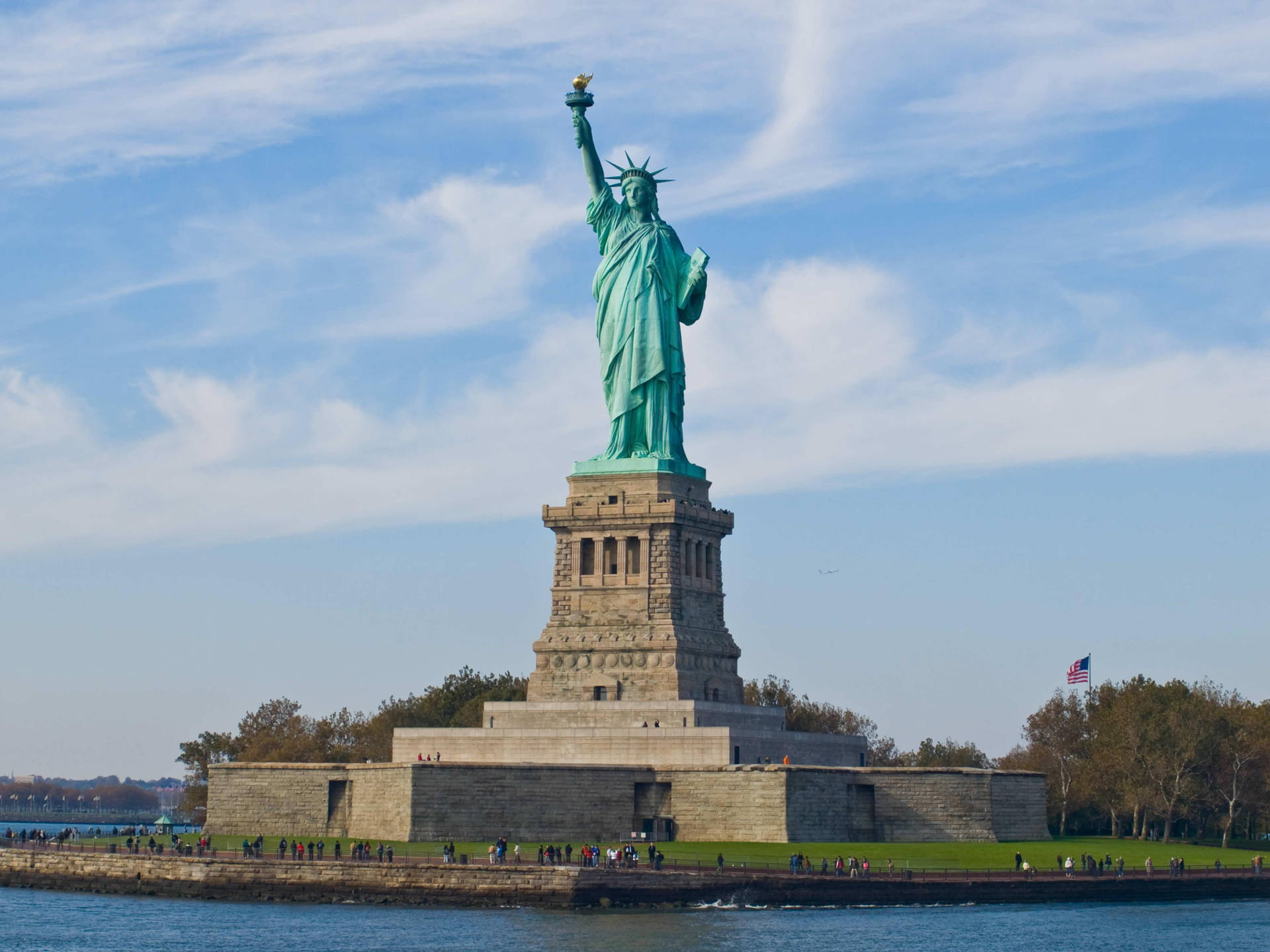 Majestic View Of The Statue Of Liberty At Sunset Background