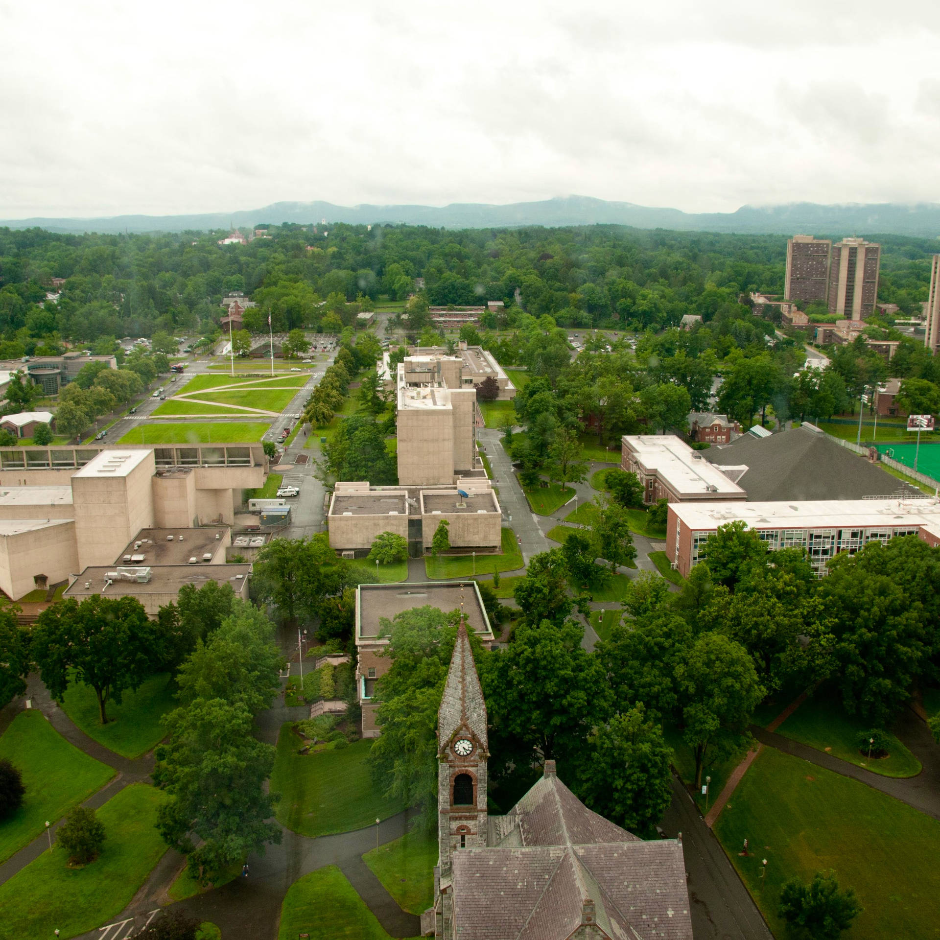 Majestic View Of The University Of Massachusetts Campus Background