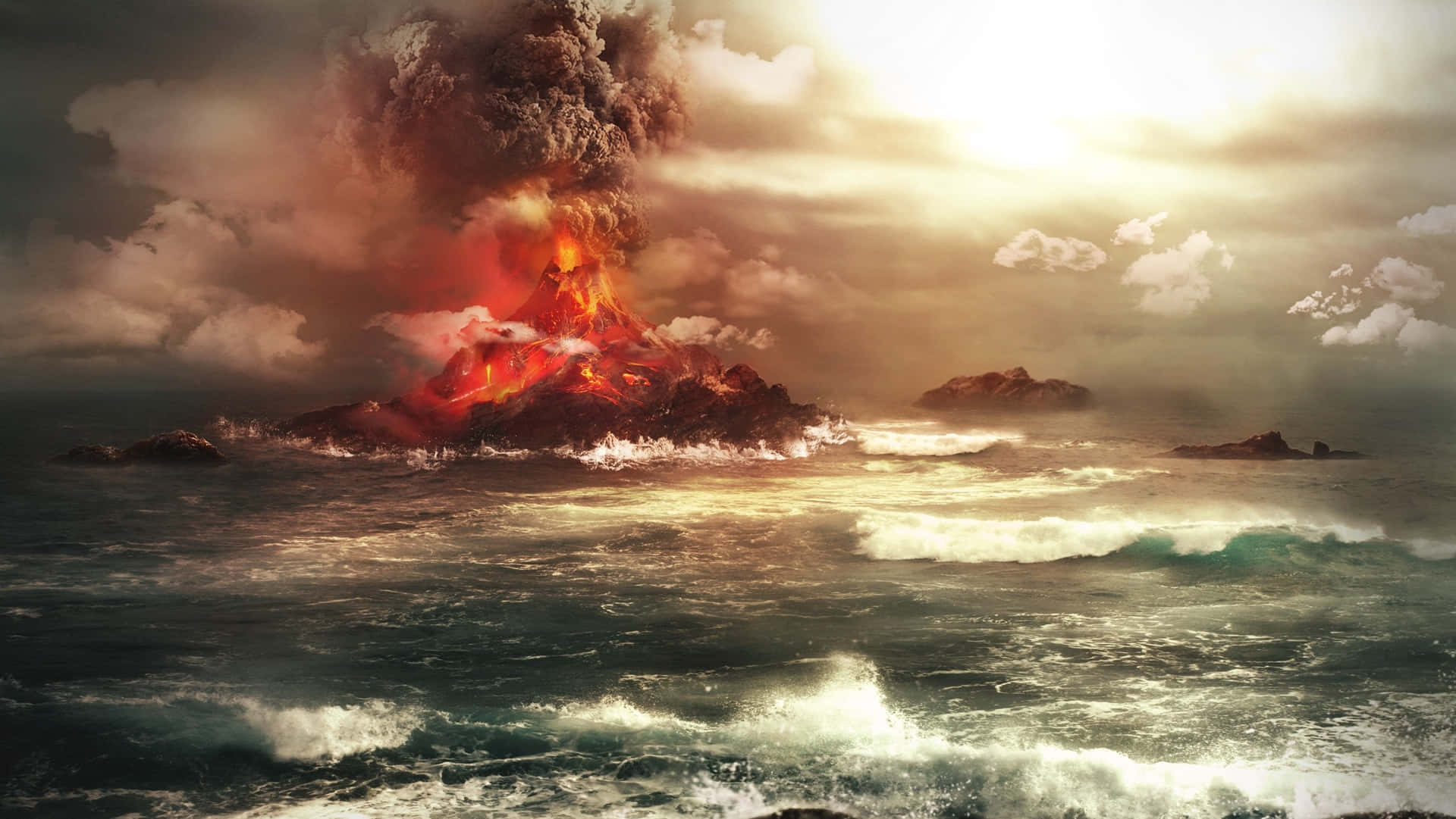 Majestic Volcanic Eruption By Ocean Shore Background