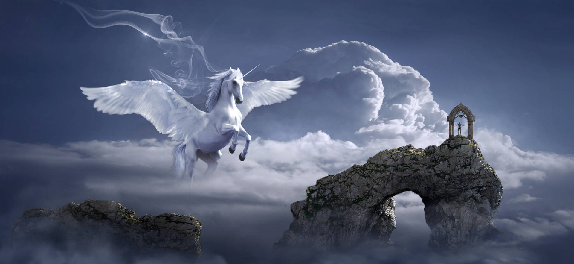 Majestic White Pegasus Soaring The Sky Background