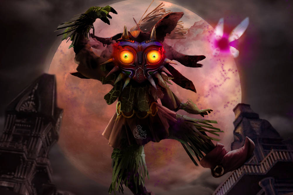 Majora's Mask With Red Full Moon Background