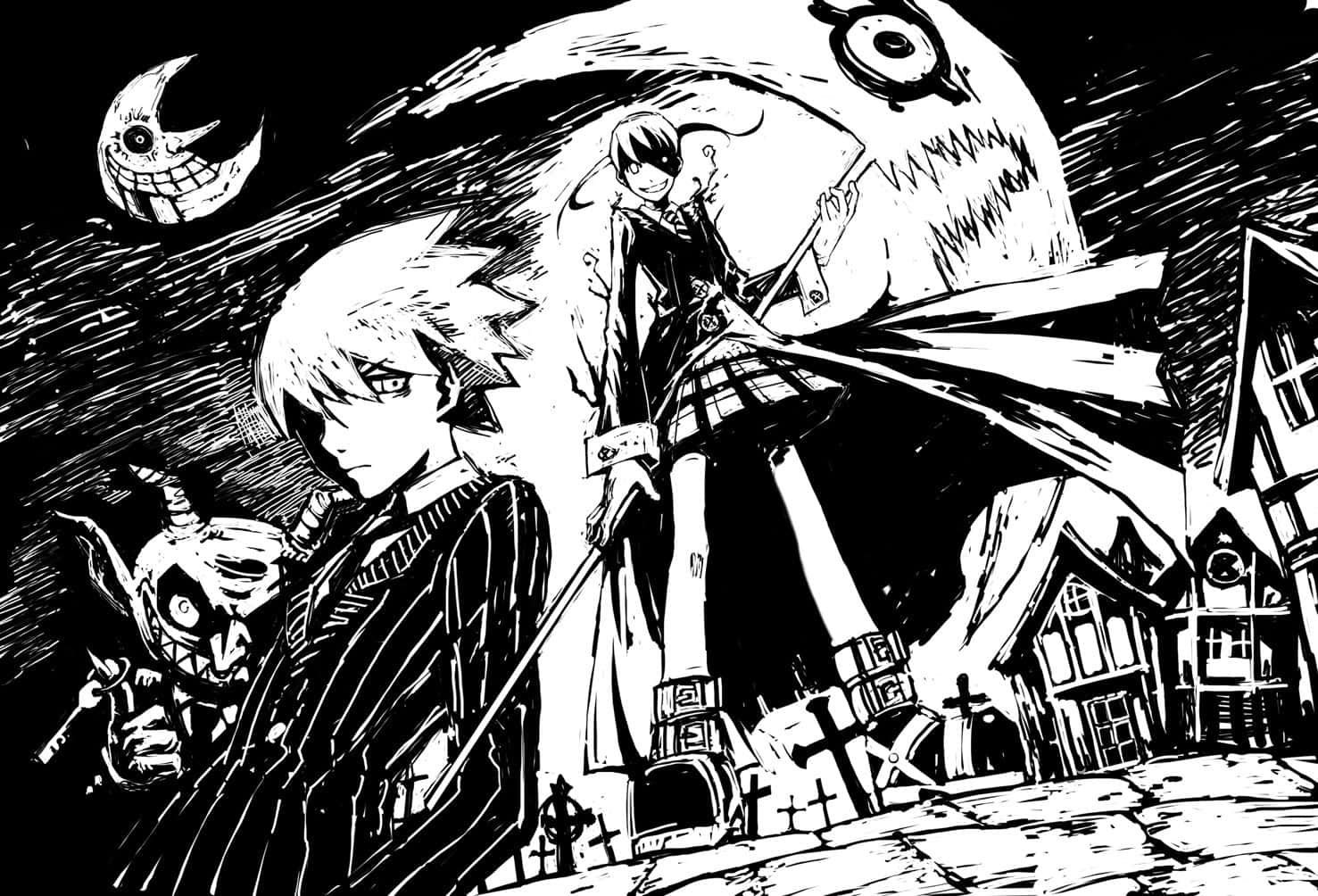 Maka, Soul And Franken Stein From The Soul Eater Manga Background