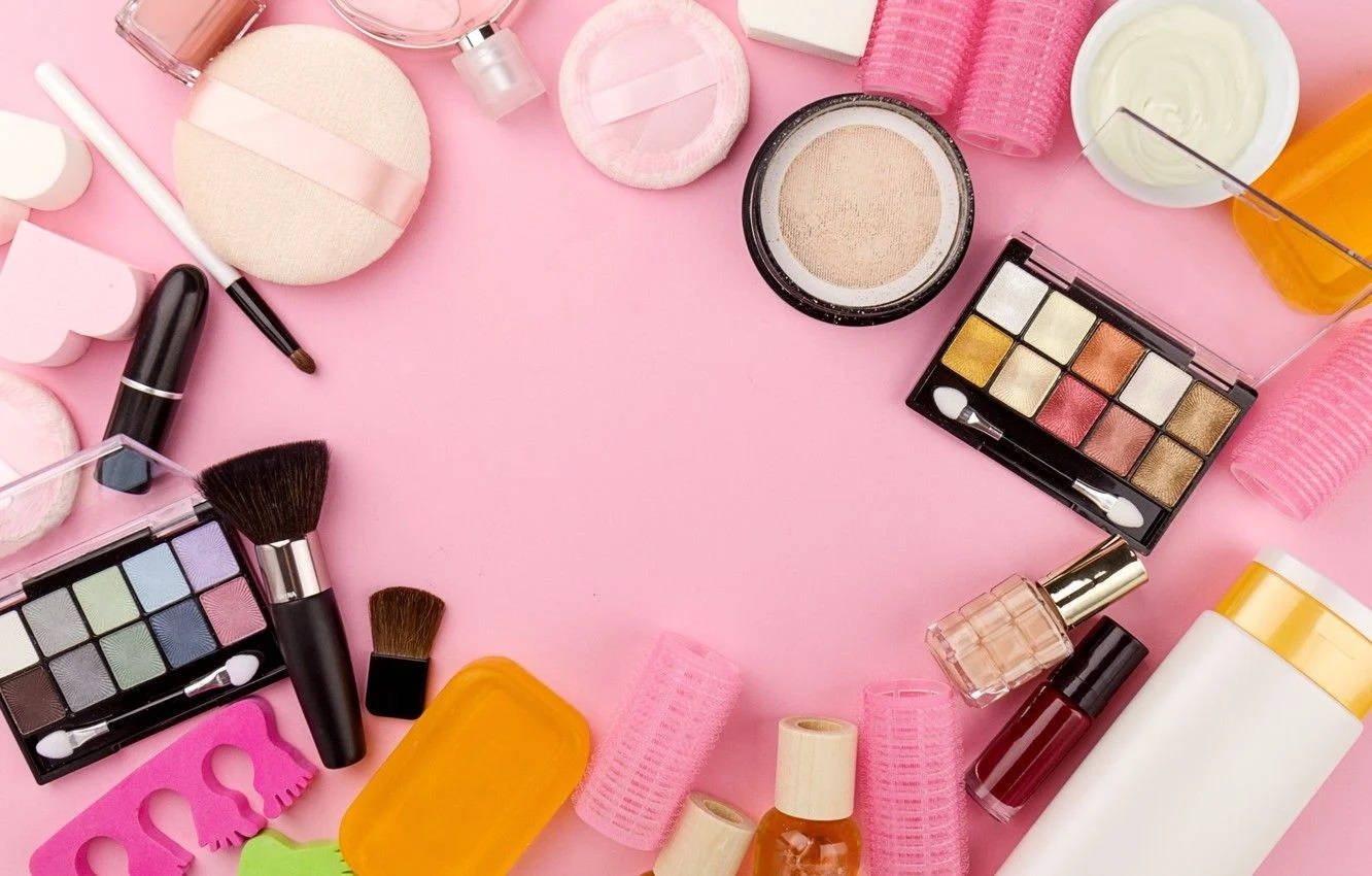 Makeup Cosmetic Products Pink Background Background