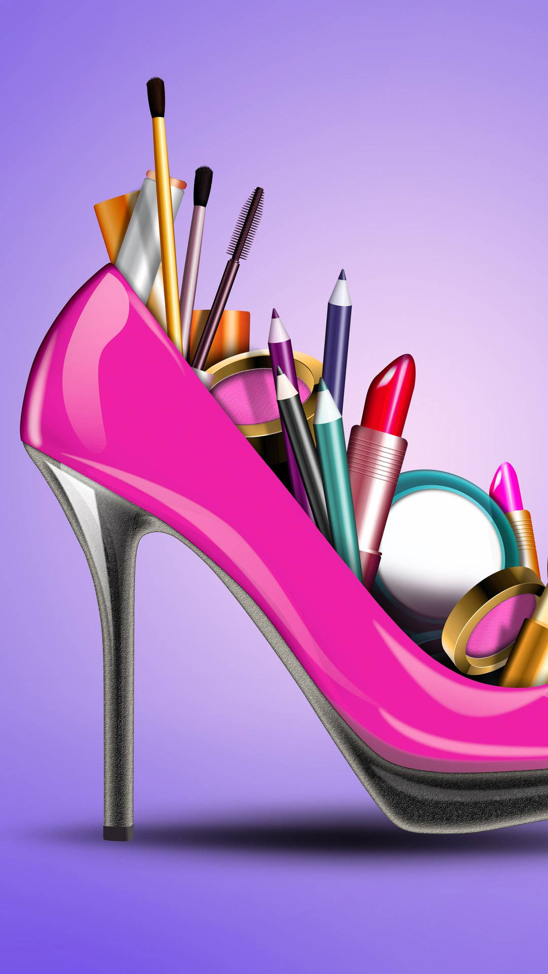 Makeup Tools In Pink Heel Background