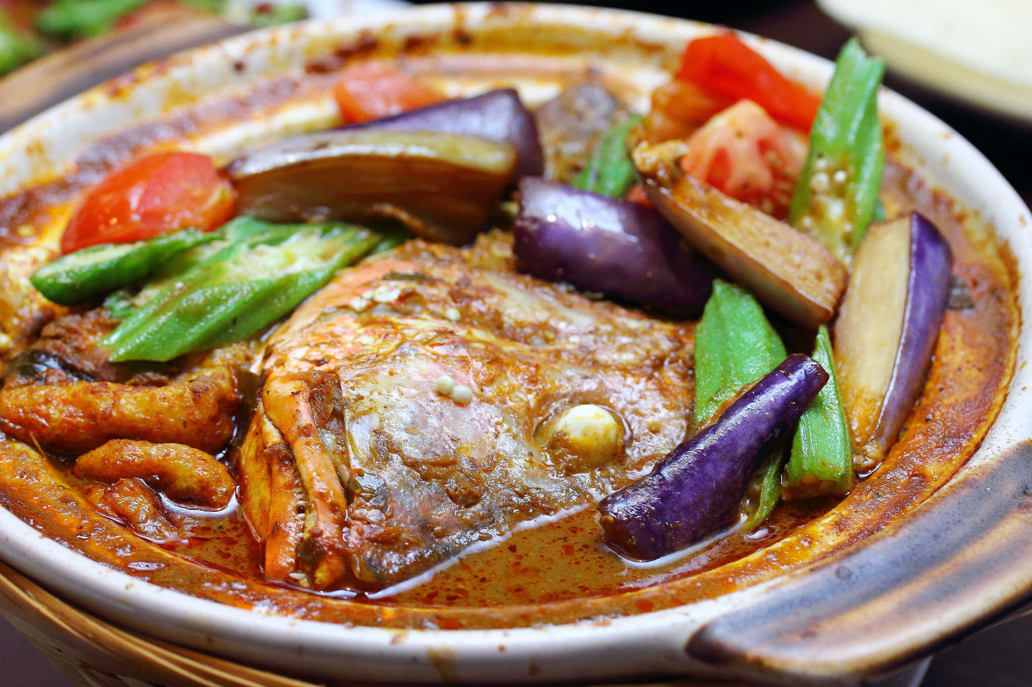 Malaysian Dish Fish Head Curry Close Up Shot Background