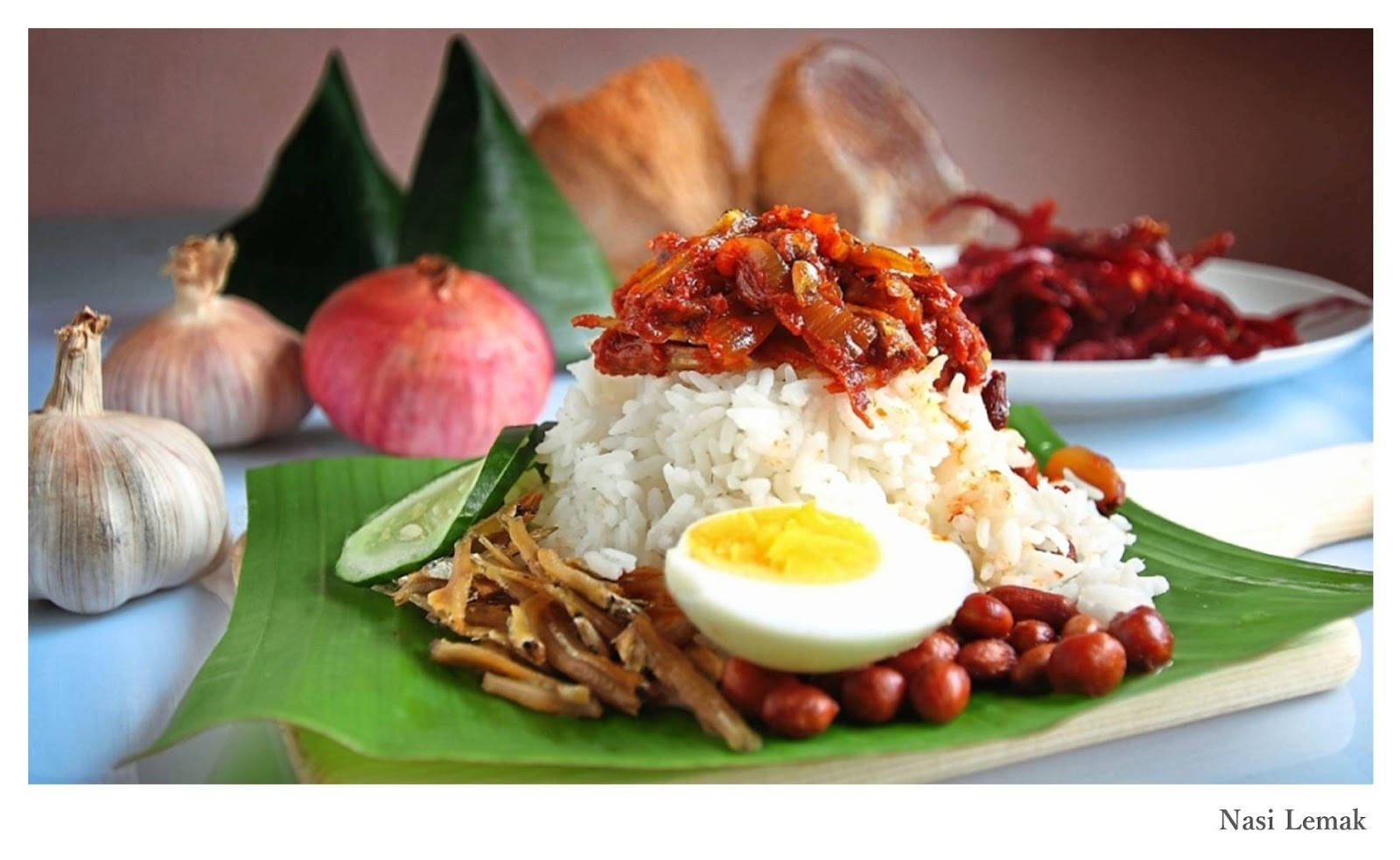 Malaysian Traditional Food Nasi Lemak Closeup Angle Shot Background