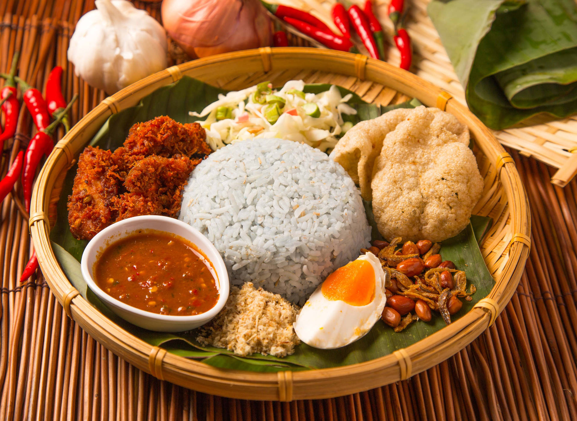 Malaysian Traditional Food Nasi Lemak Dutch Angle Shot