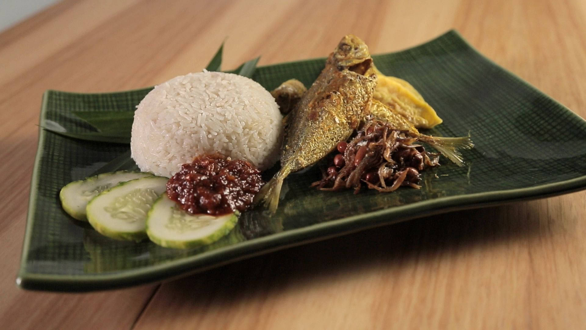 Malaysian Traditional Food Nasi Lemak Low Angle Shot Background