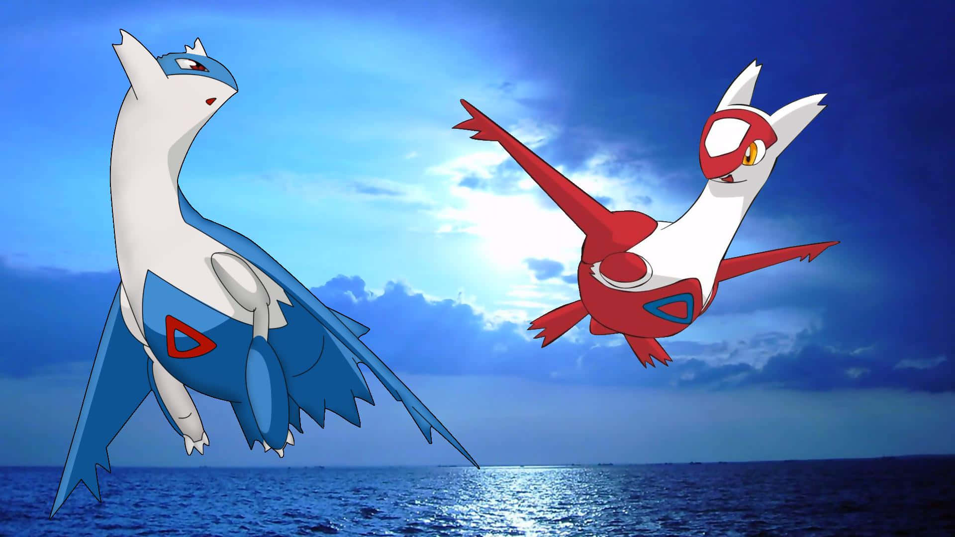 Male And Female Latias Flying Above Ocean