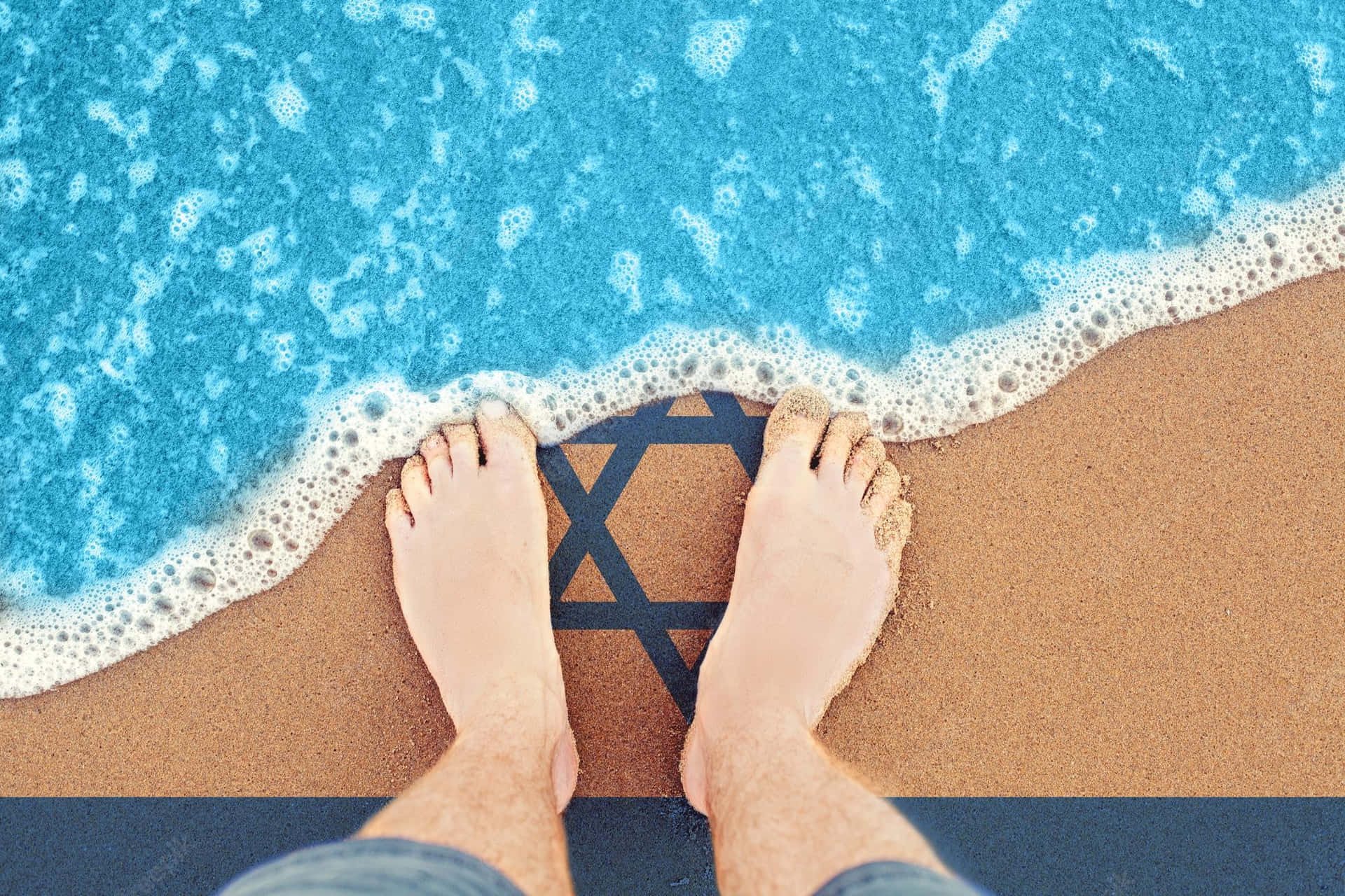 Male Feet Standing On Artificial Beach Background