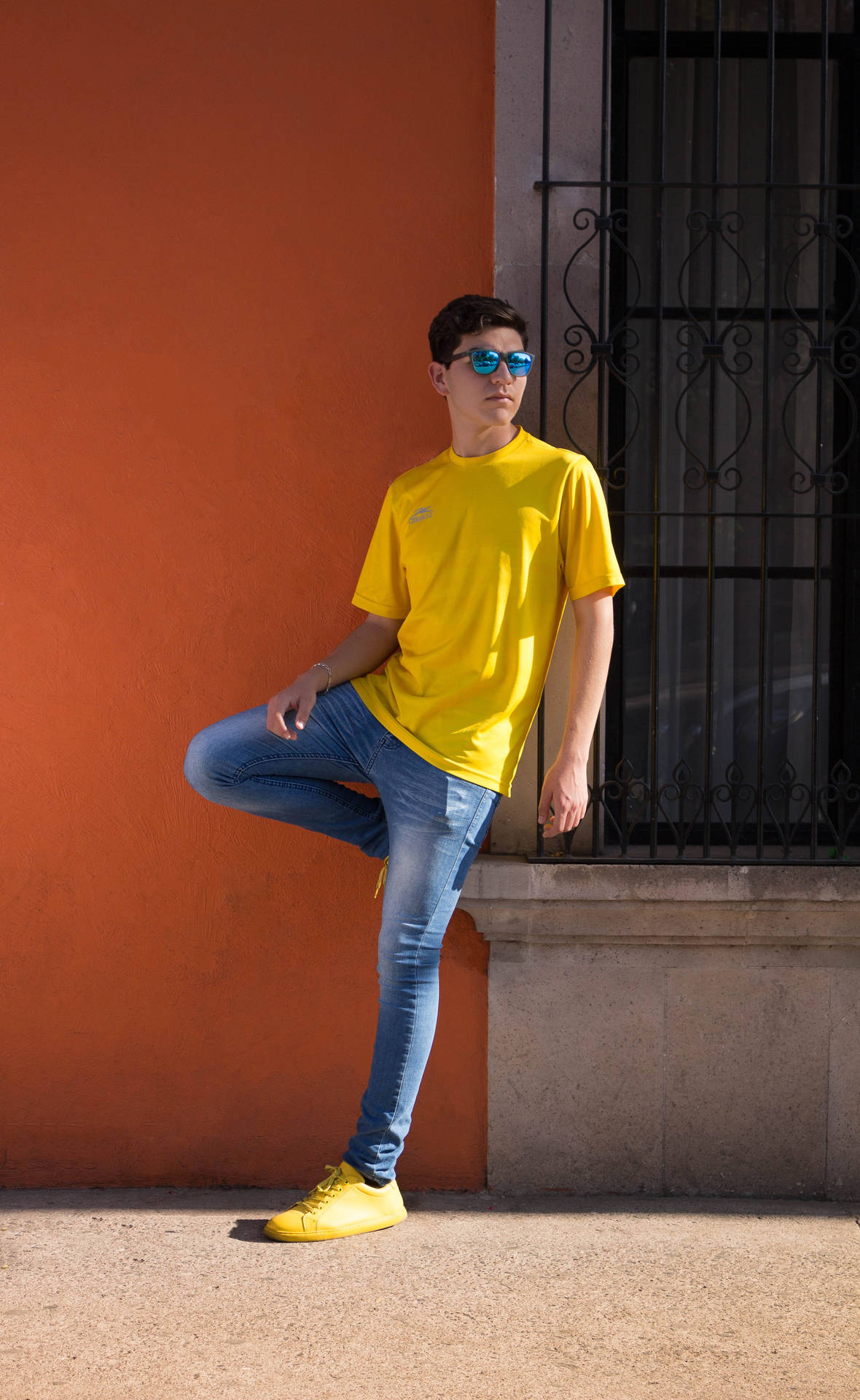 Male Model Yellow Shirt Background