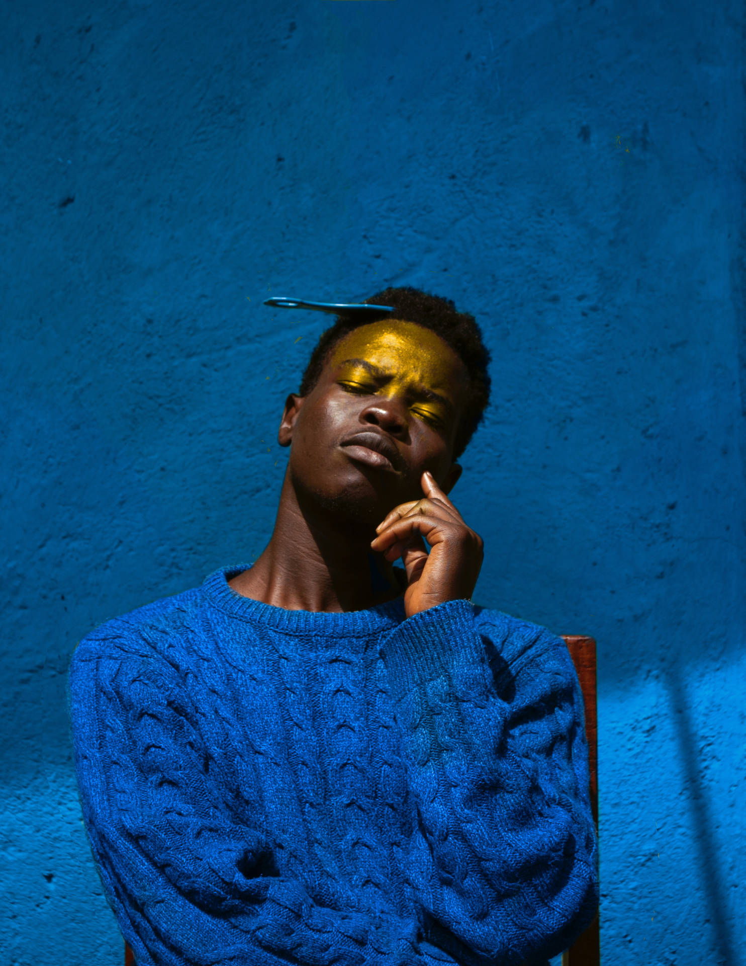 Male Pose Blue Knitted Sweater Background