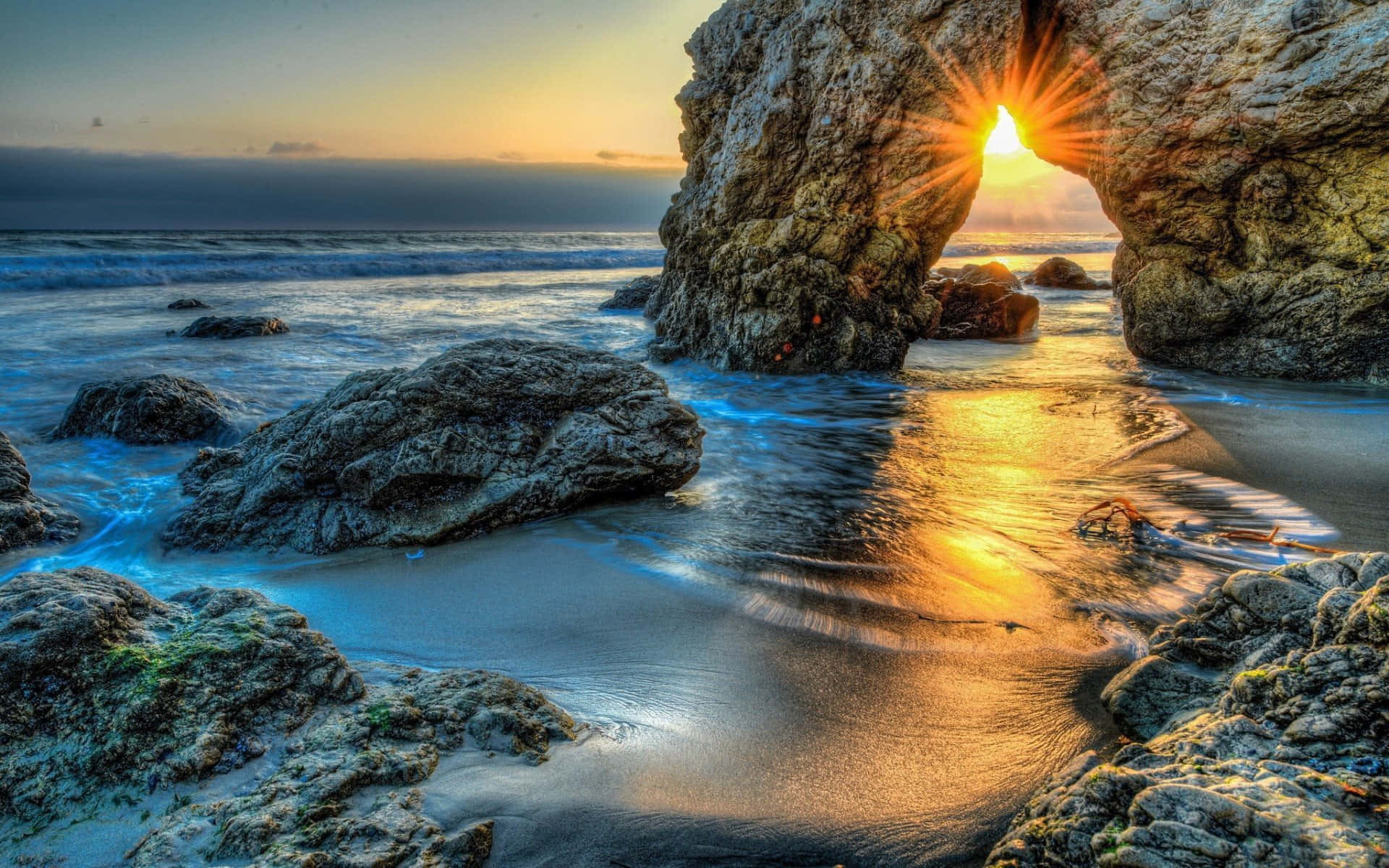 Malibu Beach Sunrise Desktop Rock Formation Background