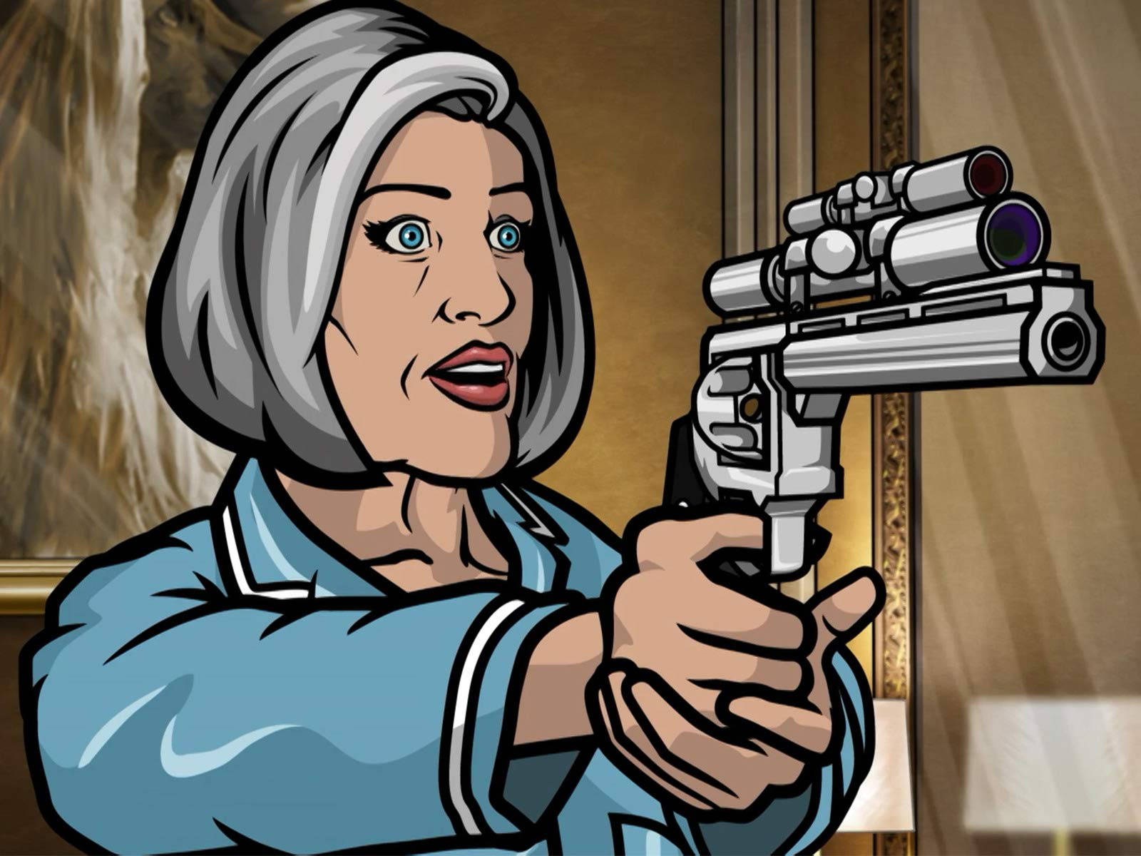 Malory Archer Pointing A Gun