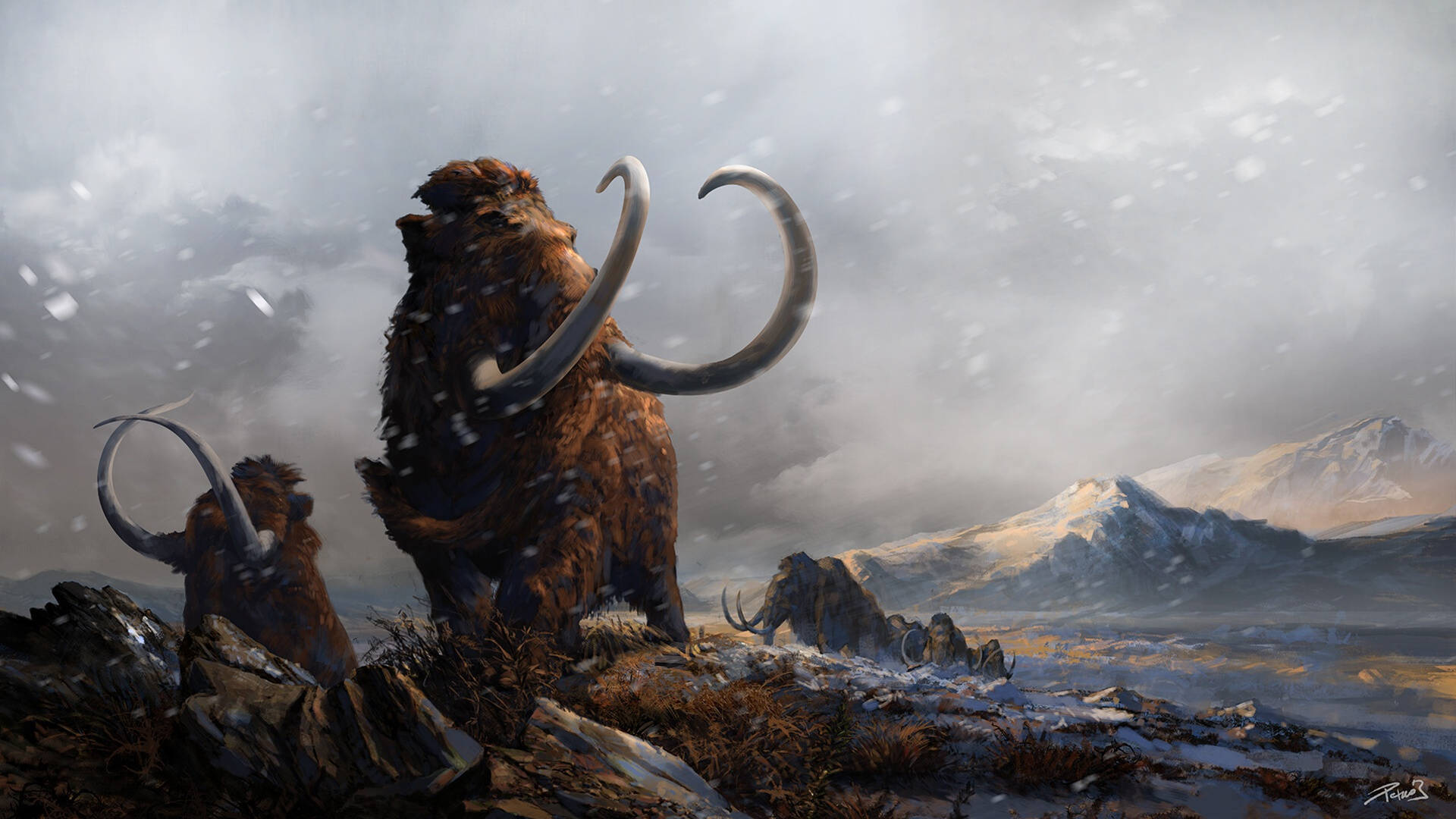 Mammoth Traversing Snowy Landscape Background