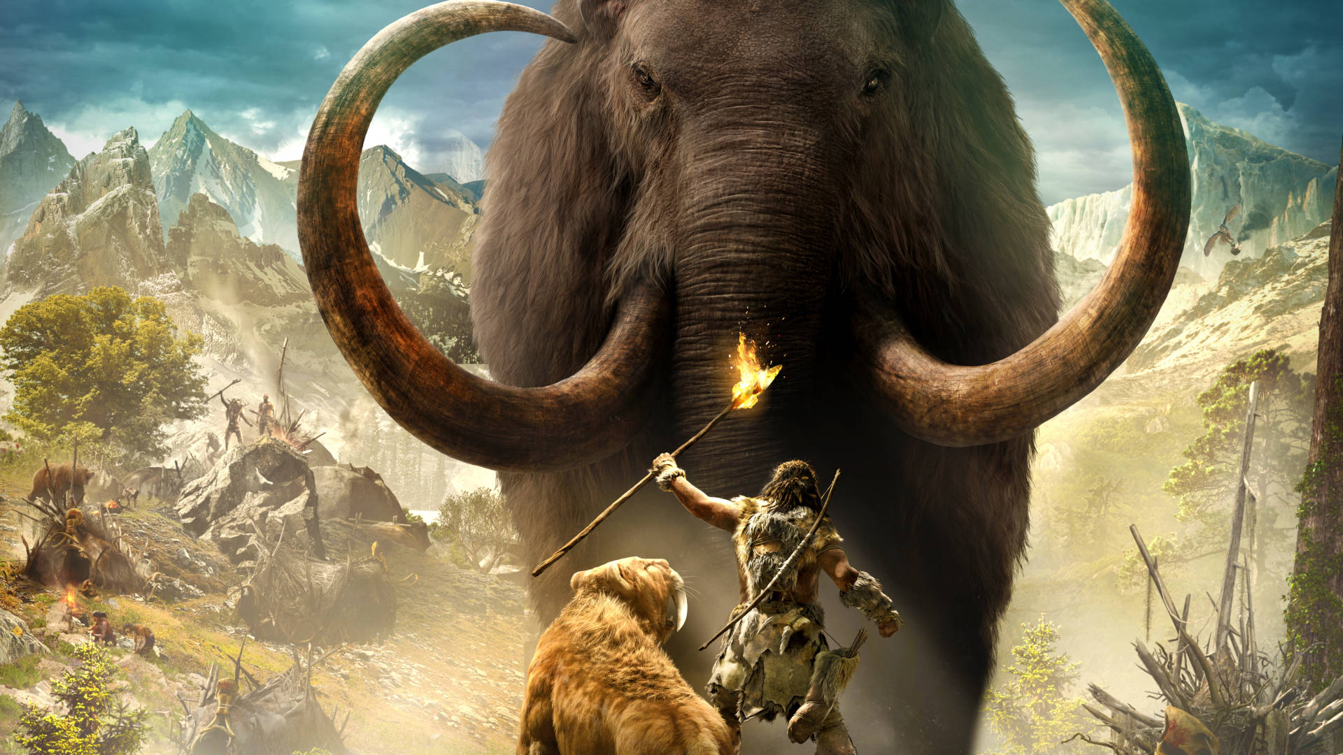 Mammoth Vs Man With Fire Background