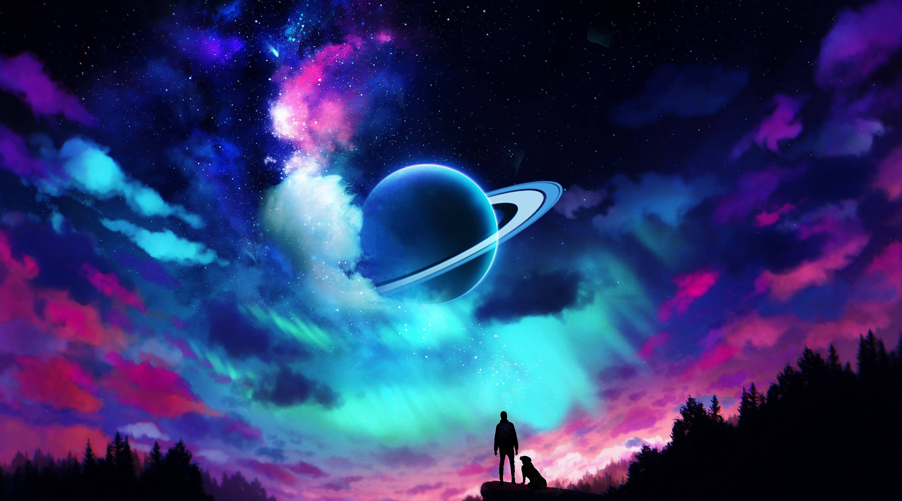 Man And Dog Under Anime Planet Background