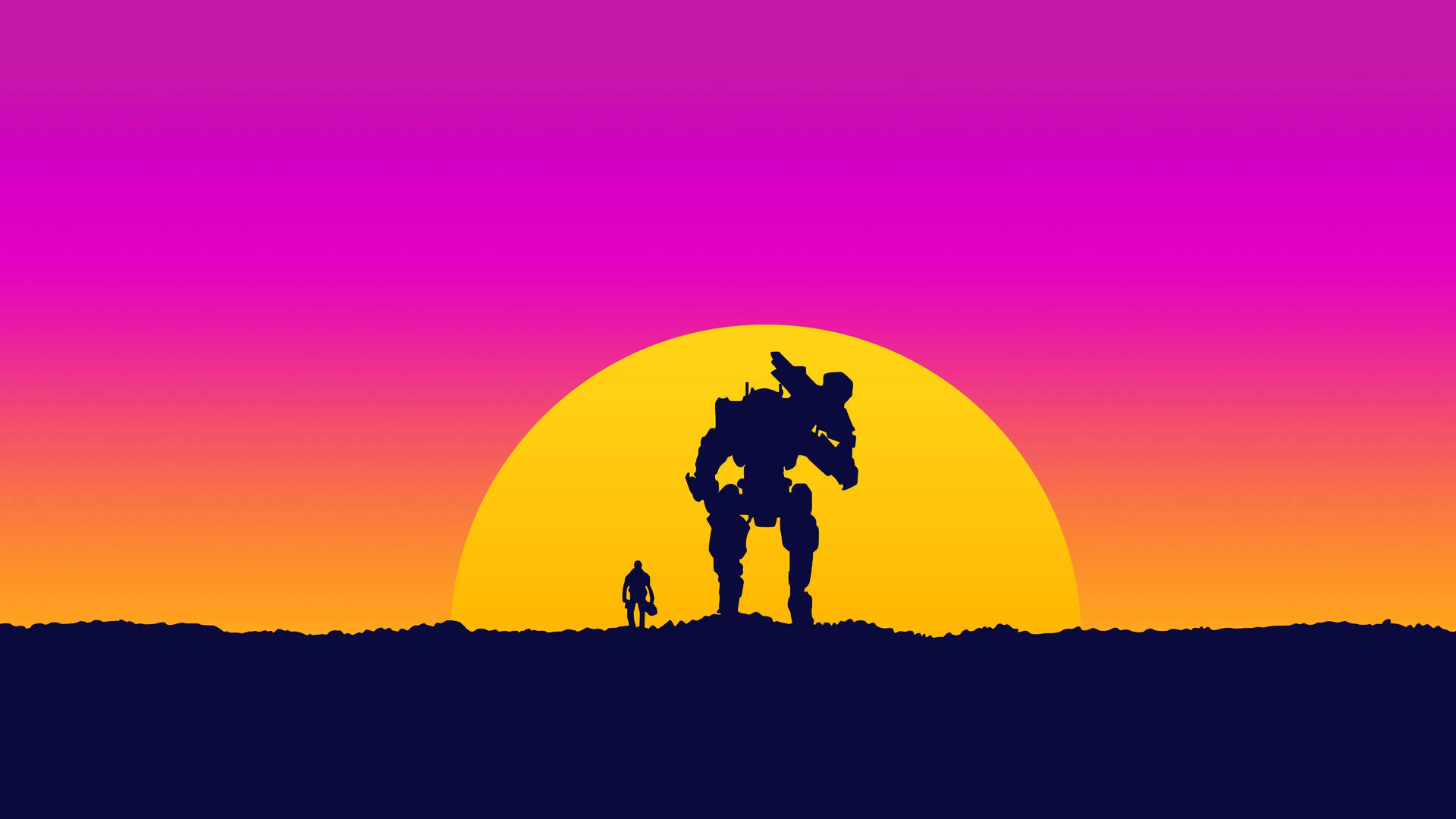 Man And Robot Gaming On Sunset Background