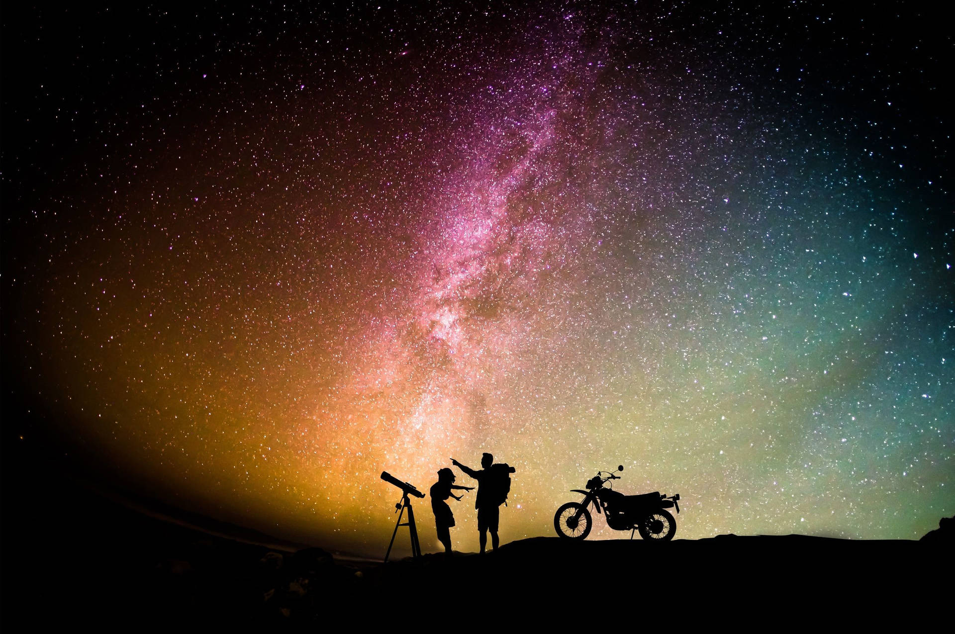 Man And Woman With Telescope Background