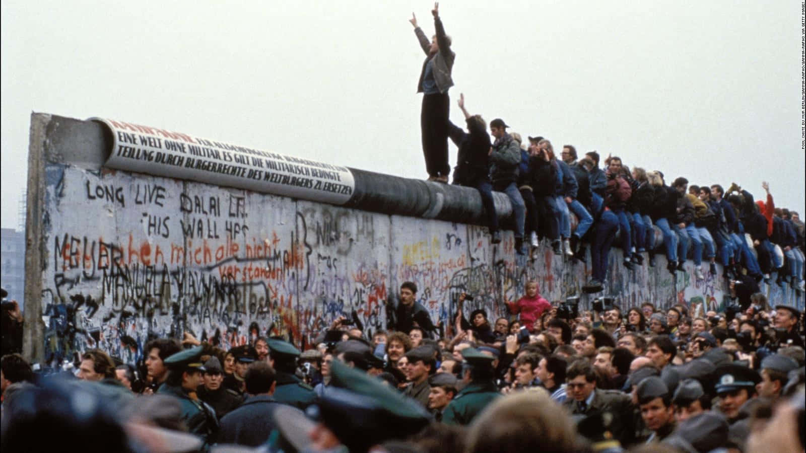 Man Celebrating The Fall Of The Berlin Wall Background