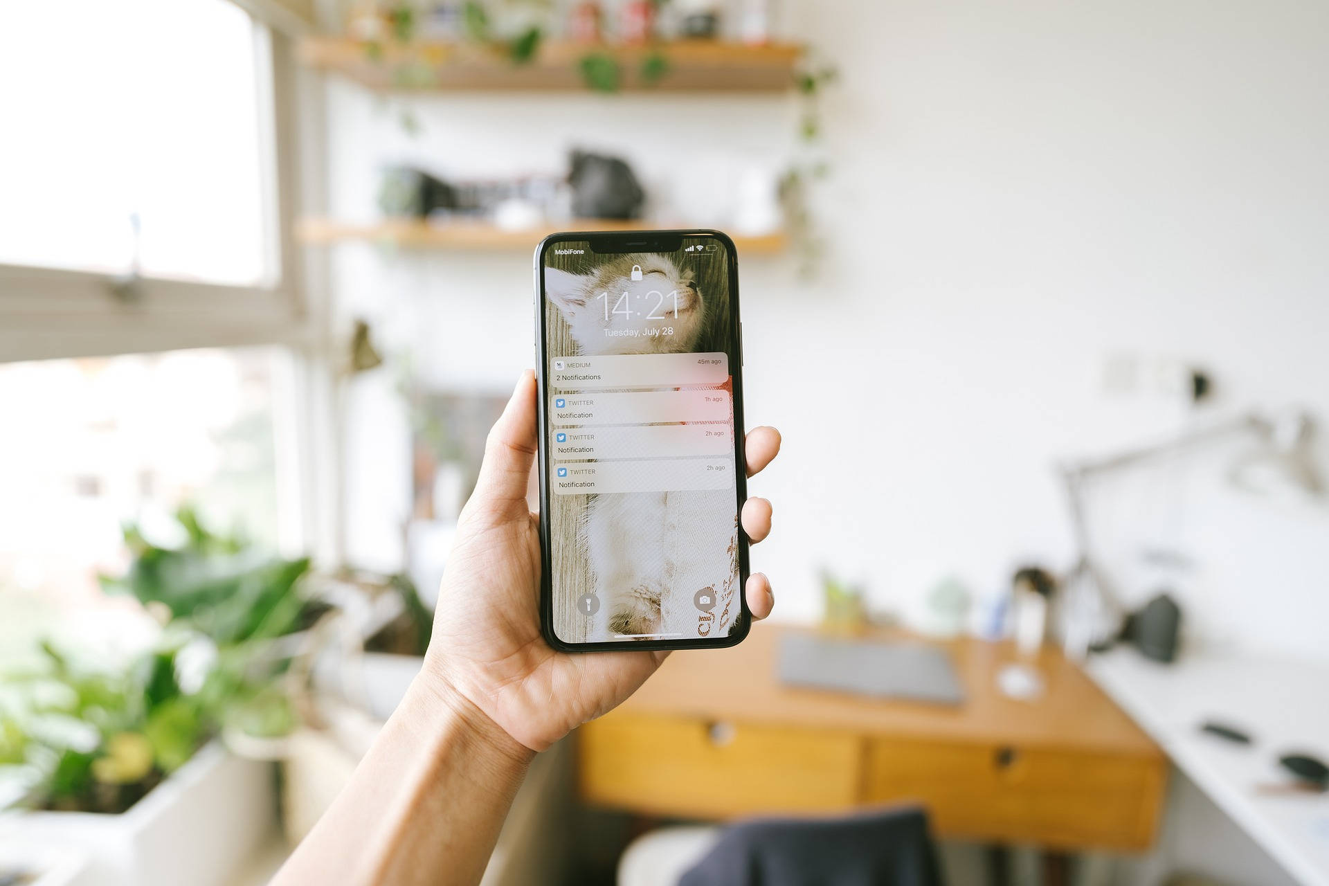 Man Checking Notifications On Mobile Phone Background