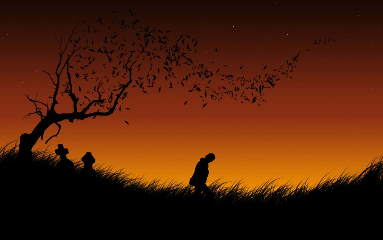 Man Departure From Gravestones Under Dead Tree Background