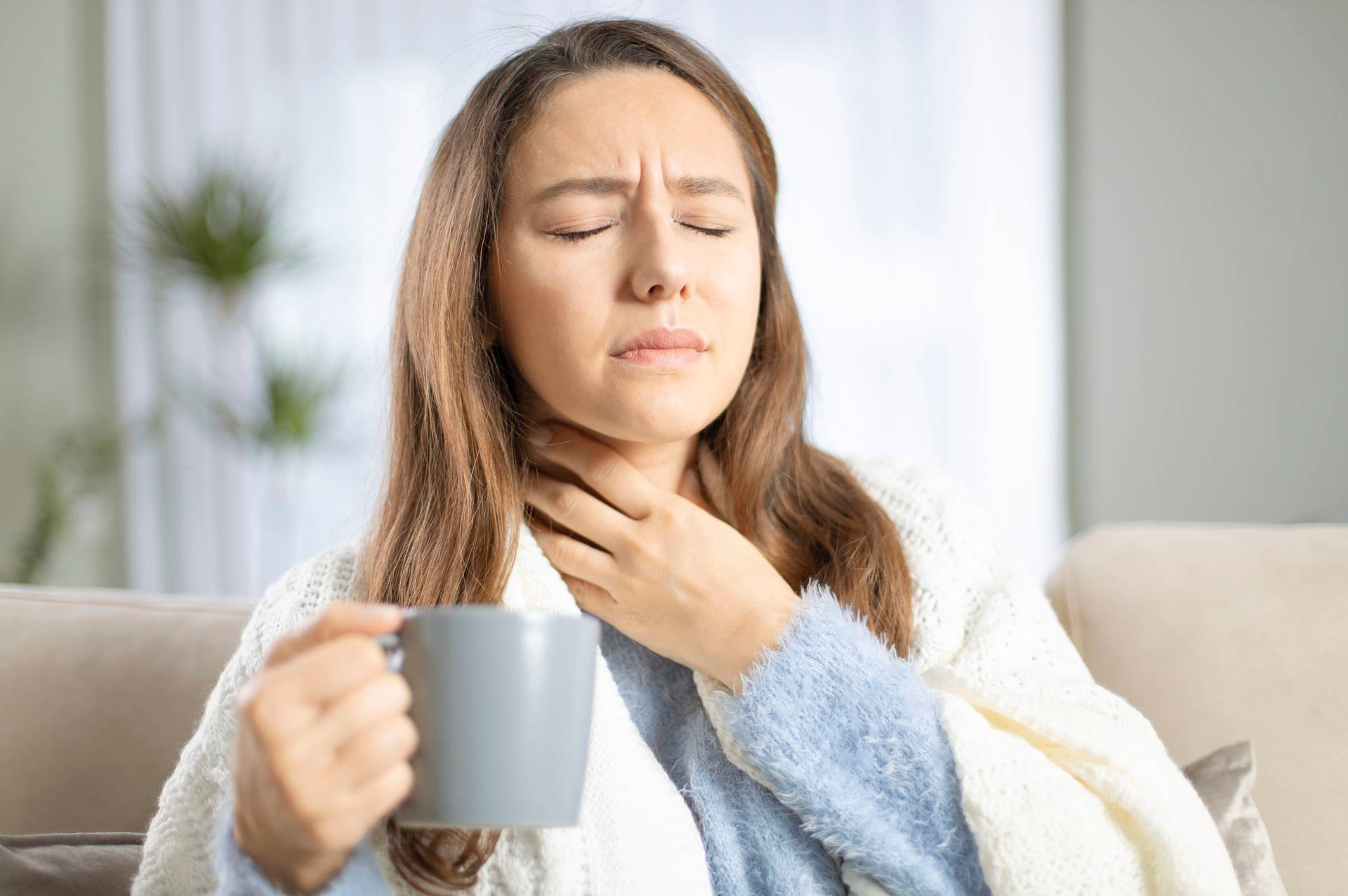 Man Experiencing Tightness And Difficulty In Breathing Background