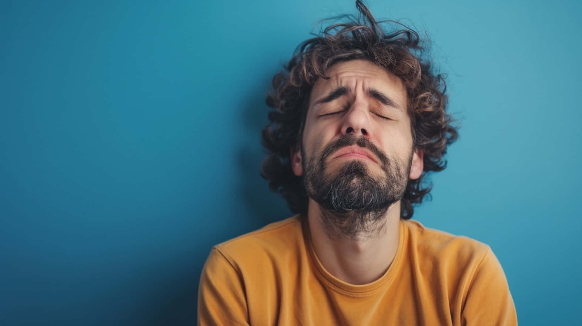 Man Feeling Unmotivated Blue Background Background