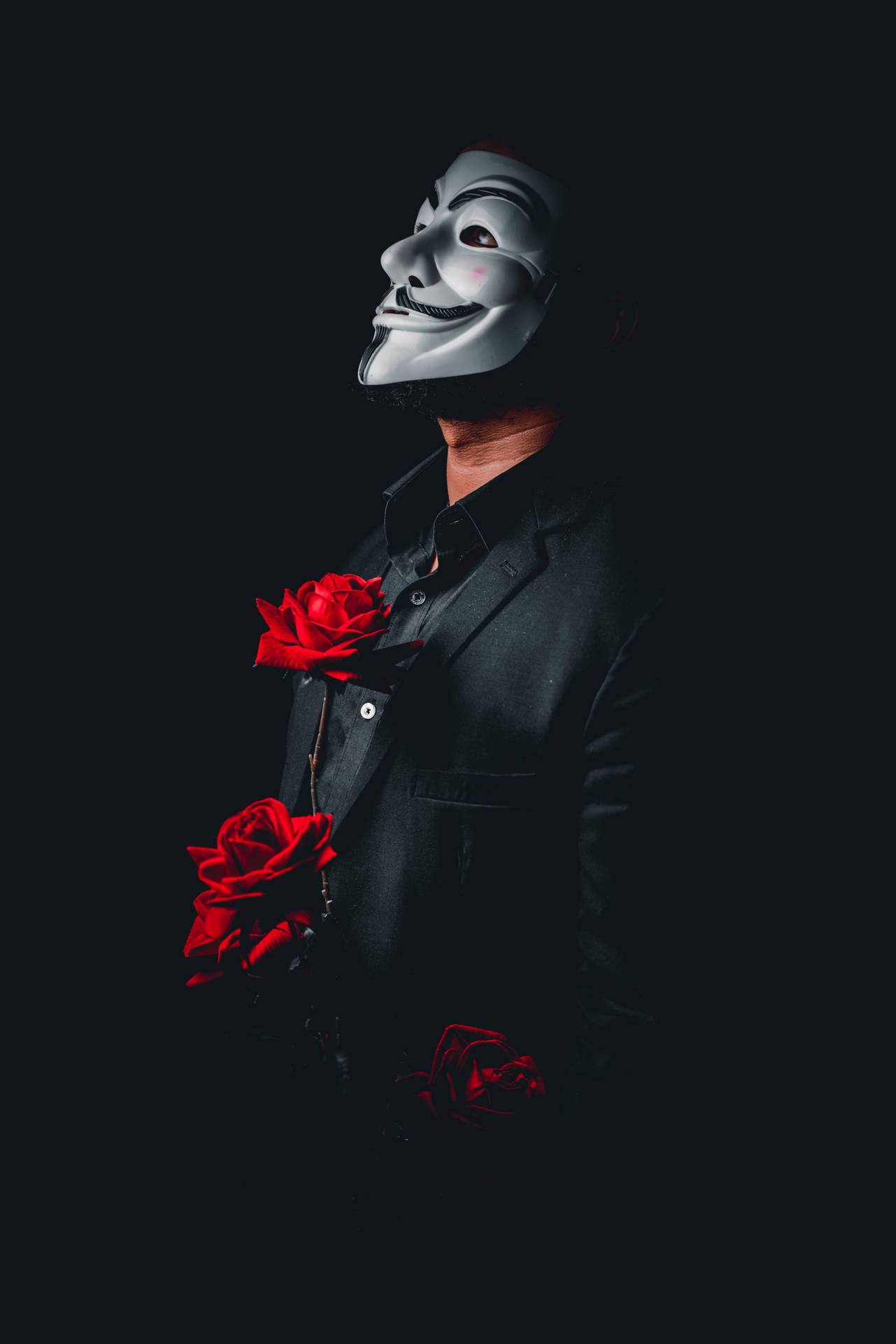 Man Hacker Mask Dark Red Flowers Background