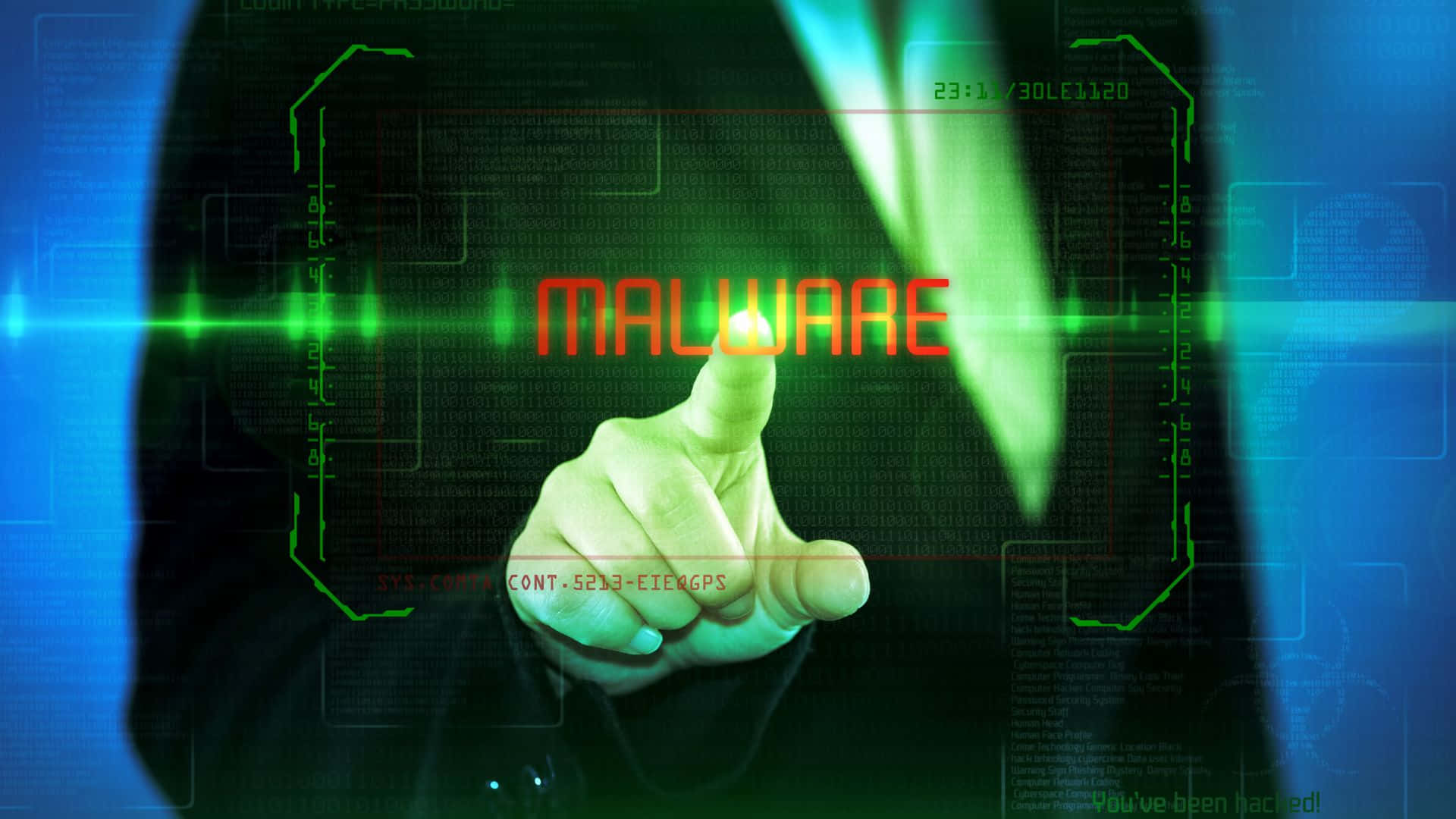 Man In A Black Suit Pointing At Malware Background
