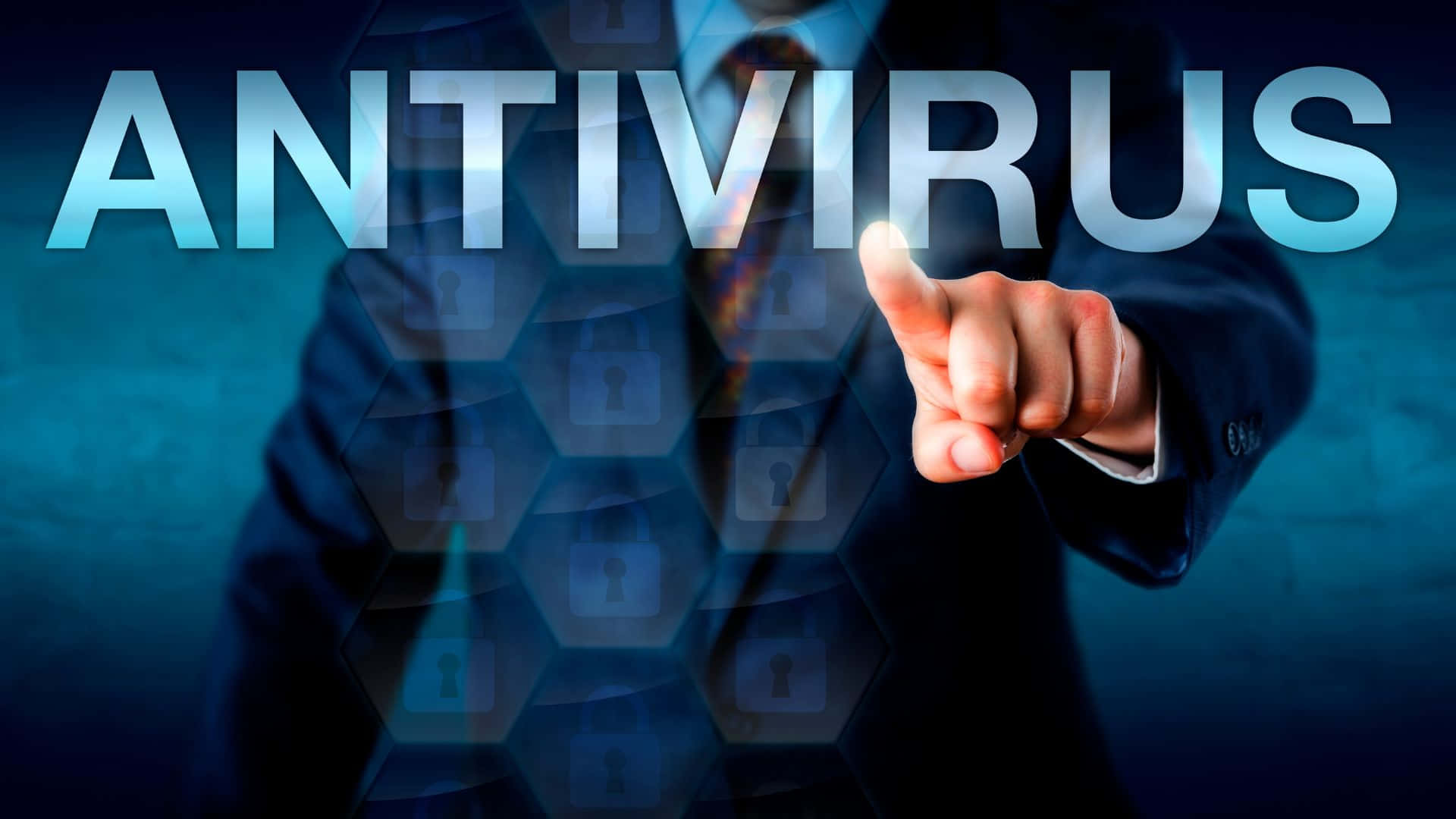 Man In A Business Suit Pointing At Antivirus Background