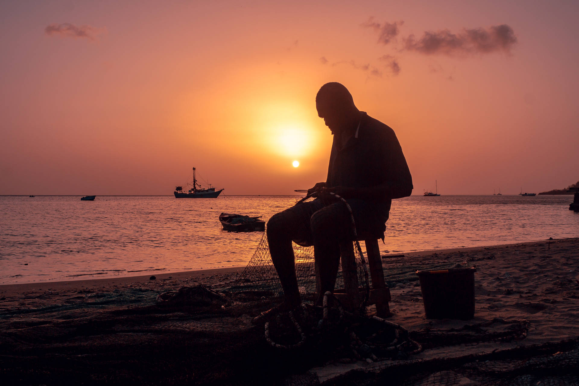 Man In Sunset At Grenada Background