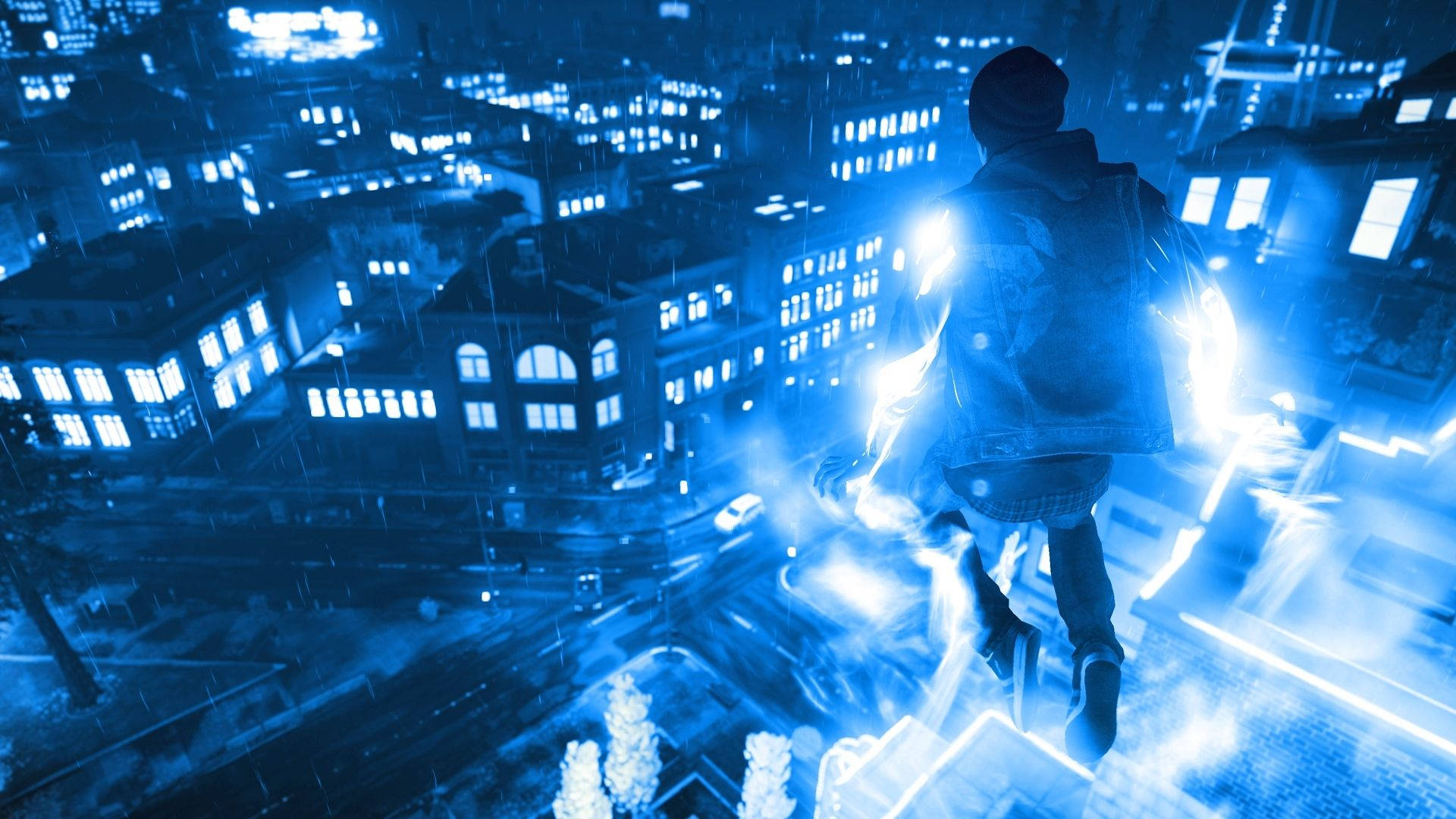 Man In The Neon Blue City Background